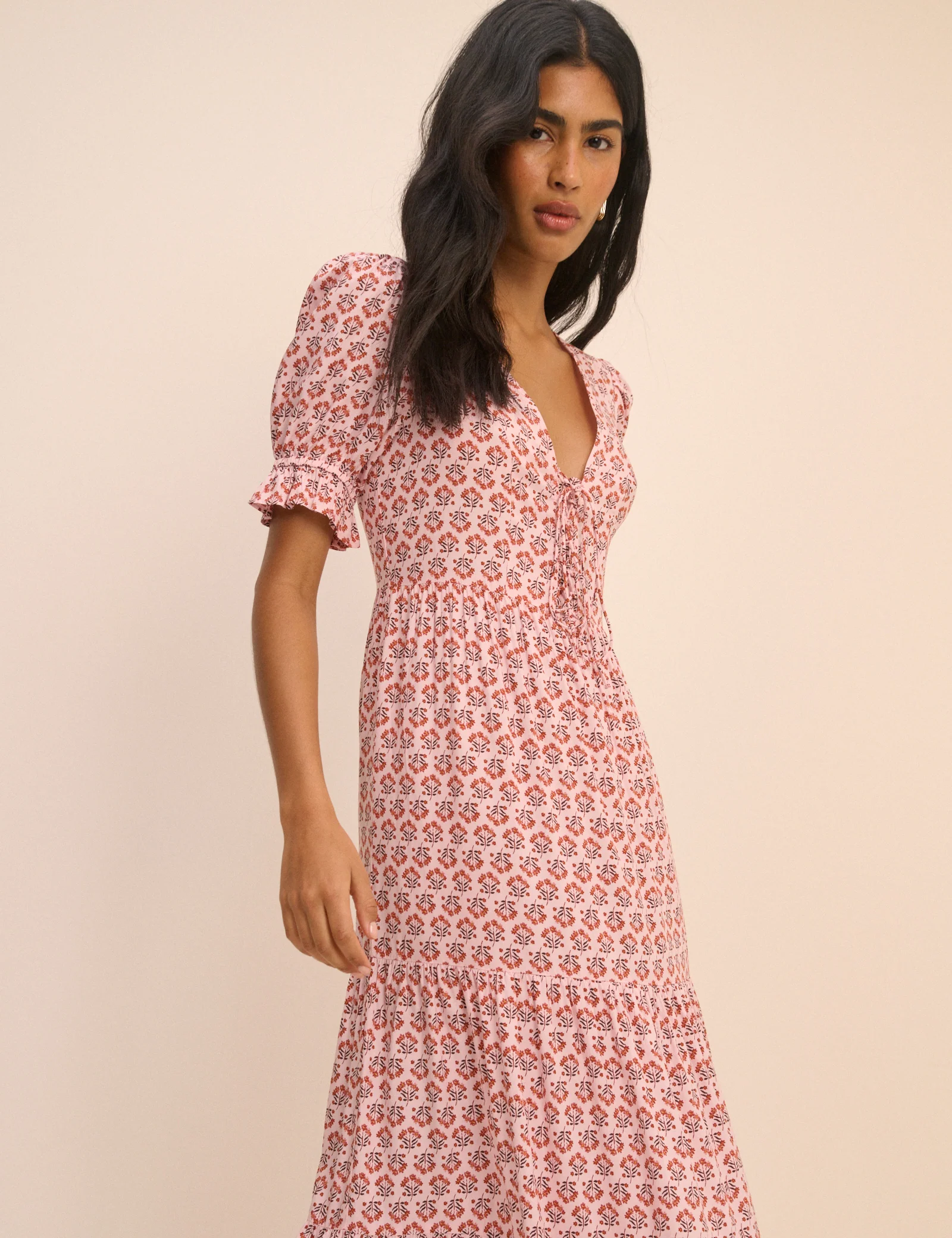 Pink Floral Puff Sleeve Lia Midi Dress - Image 2