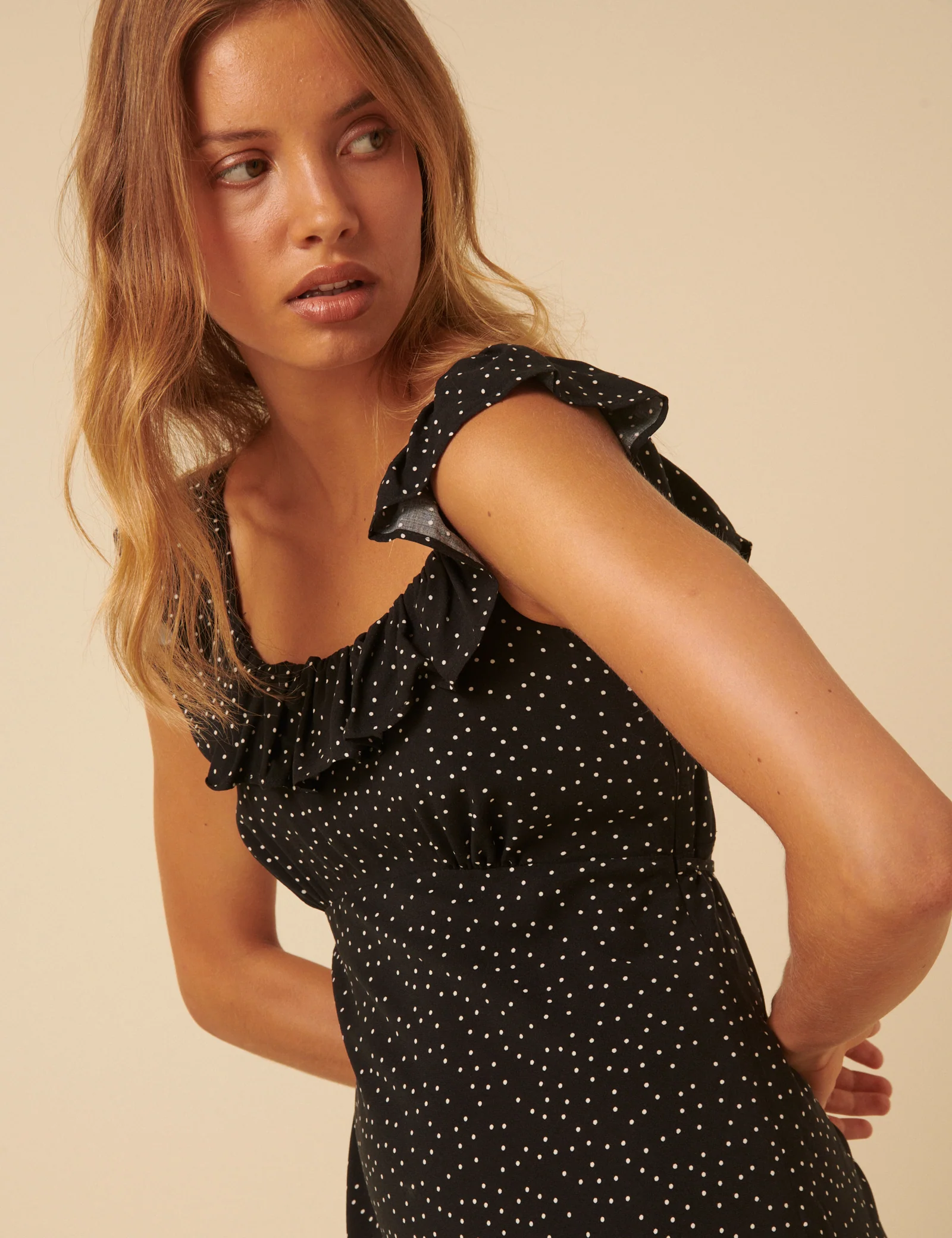 Black Polka Dot Ruffle Trim Libby Midi Dress - Image 3