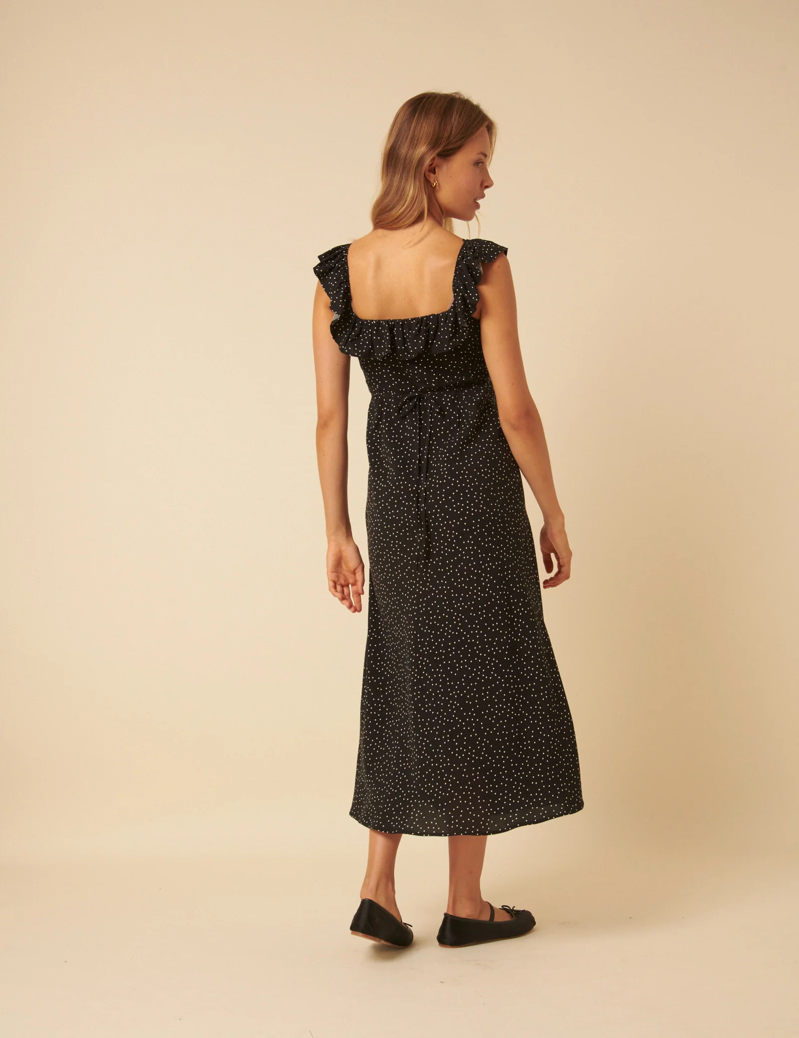 Black Polka Dot Ruffle Trim Libby Midi Dress - Image 4
