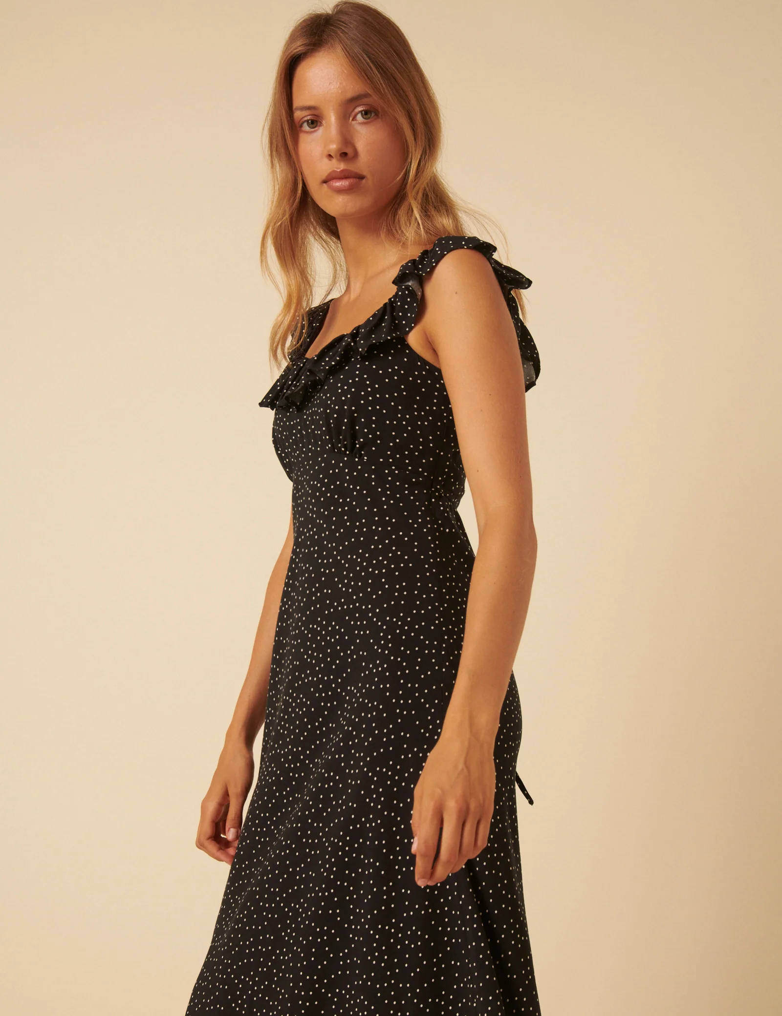 Black Polka Dot Ruffle Trim Libby Midi Dress - Image 5
