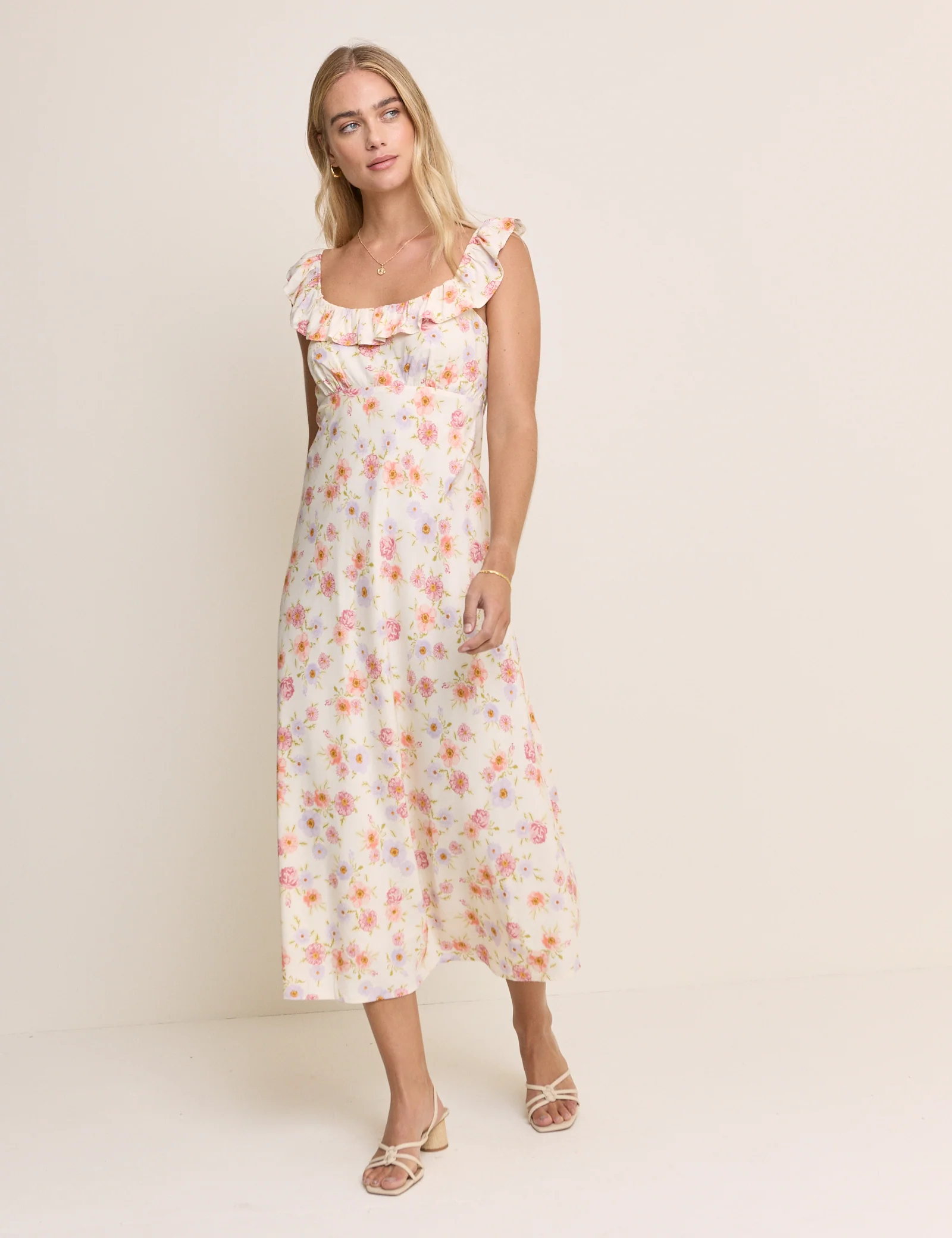Cream Floral Ruffle Trim Libby Midi Dress - Image 2