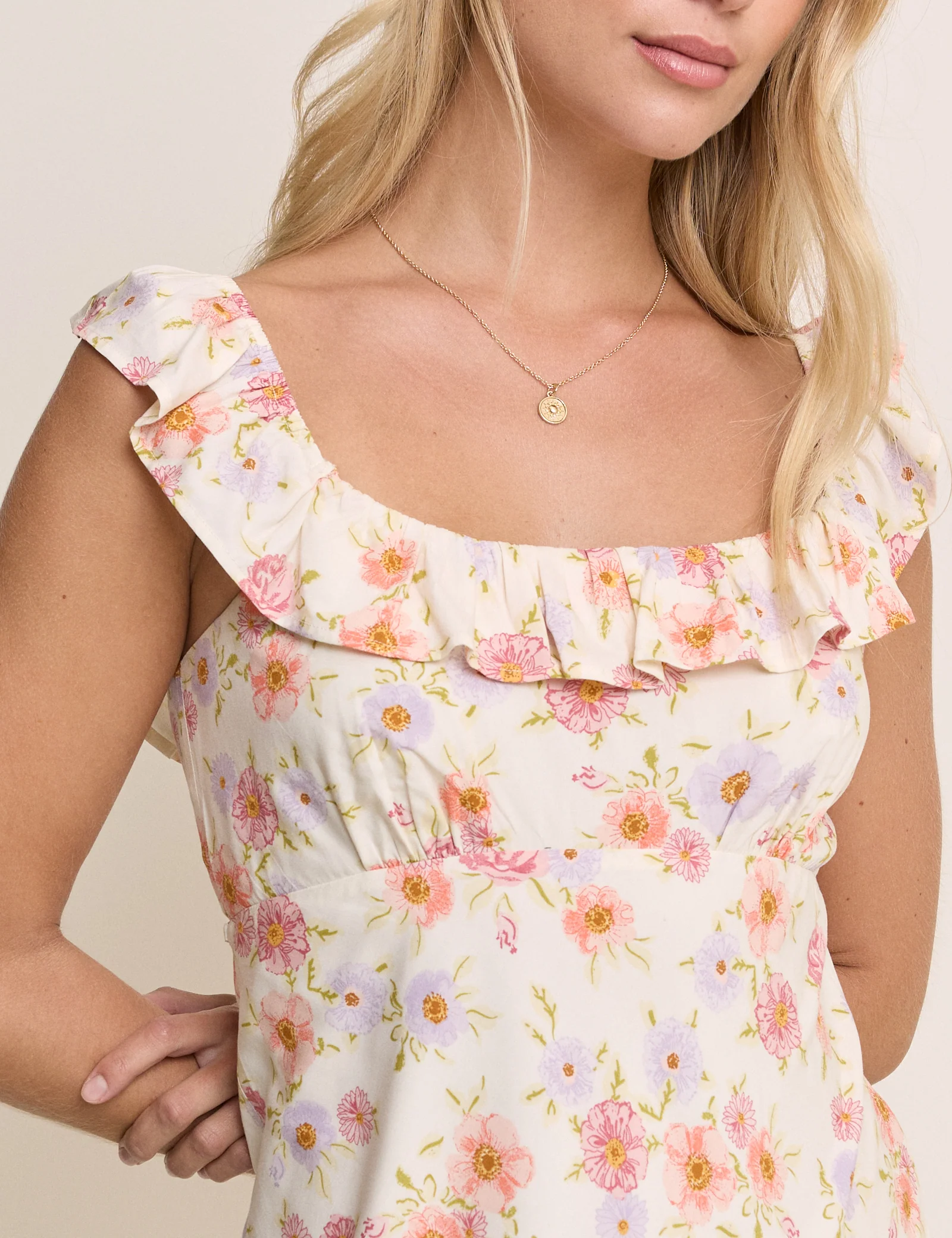 Cream Floral Ruffle Trim Libby Midi Dress - Image 3