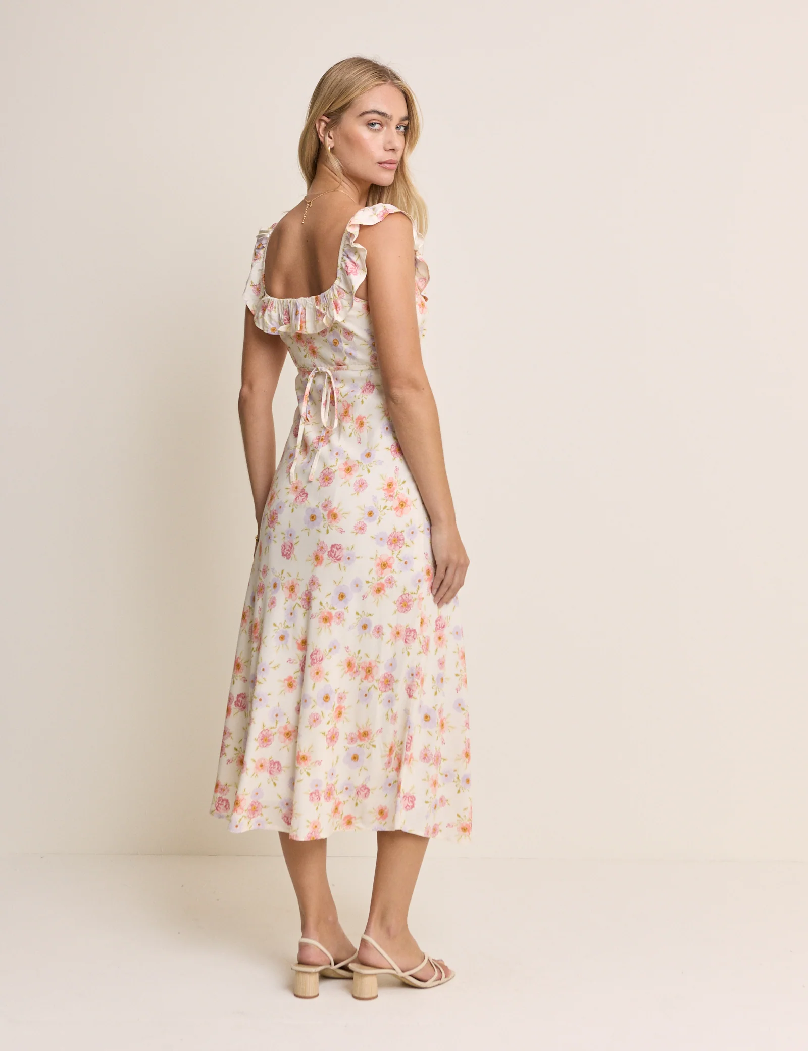 Cream Floral Ruffle Trim Libby Midi Dress - Image 4