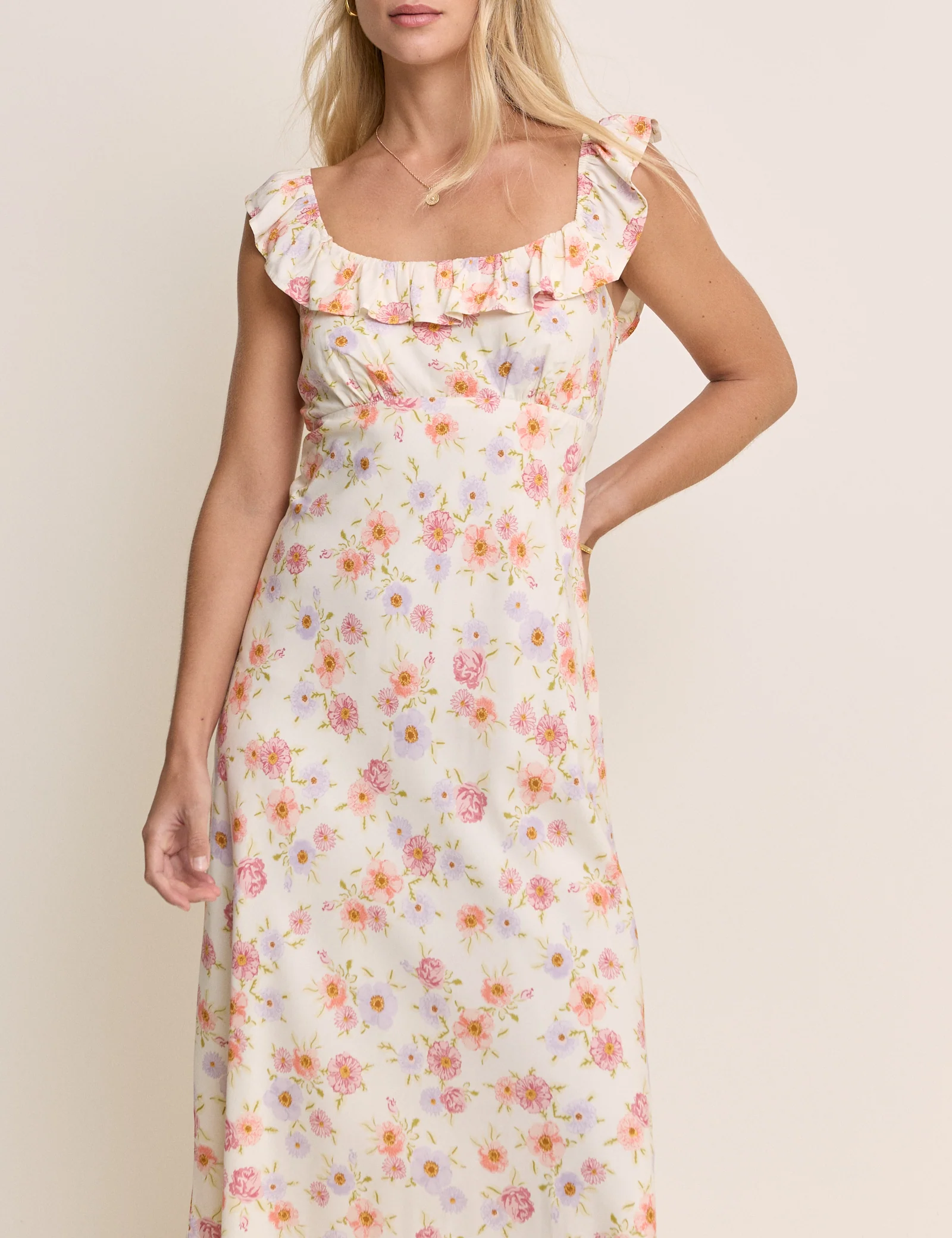 Cream Floral Ruffle Trim Libby Midi Dress - Image 5