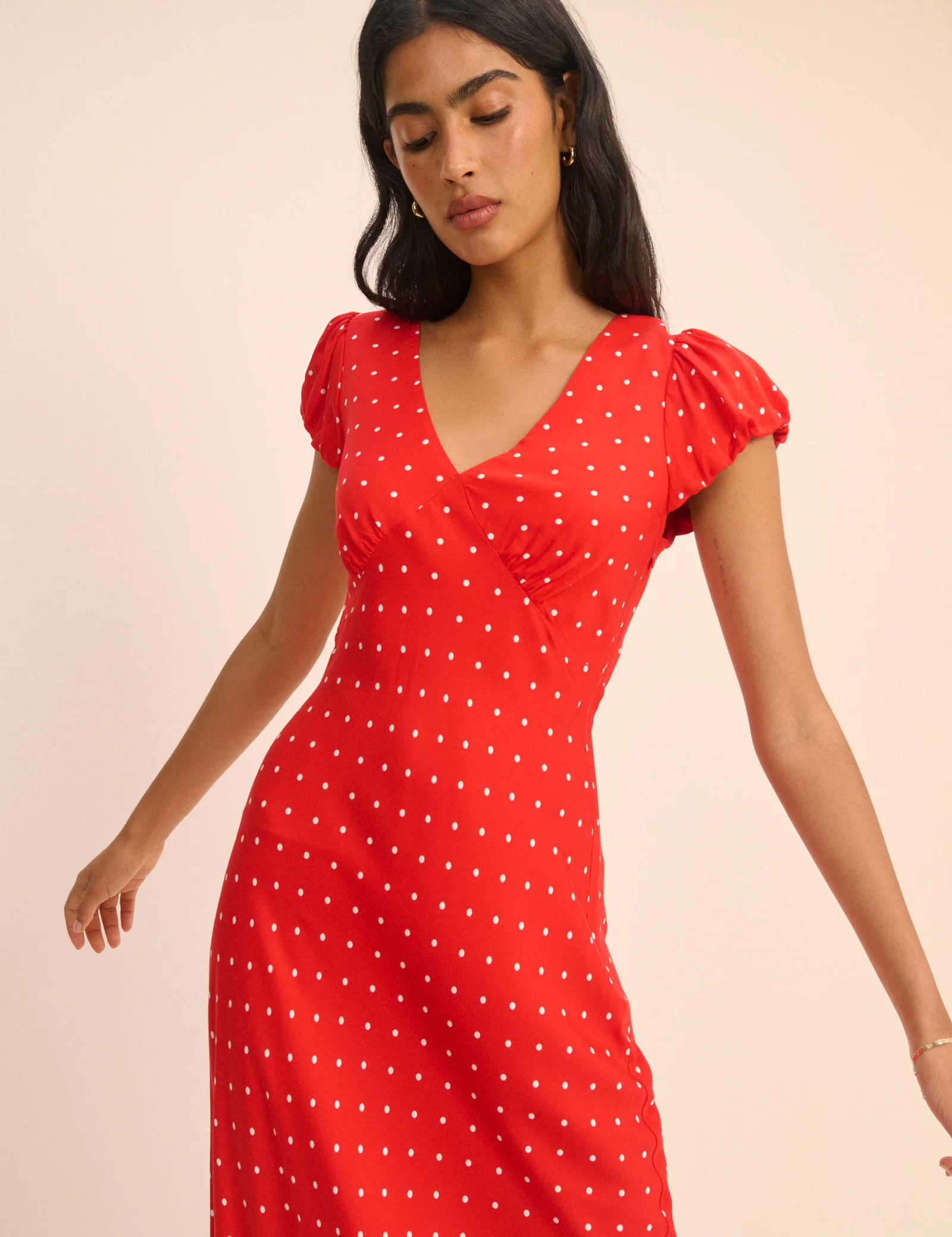 Red Polka Dot V-Neck Lina Midi Dress - Image 2