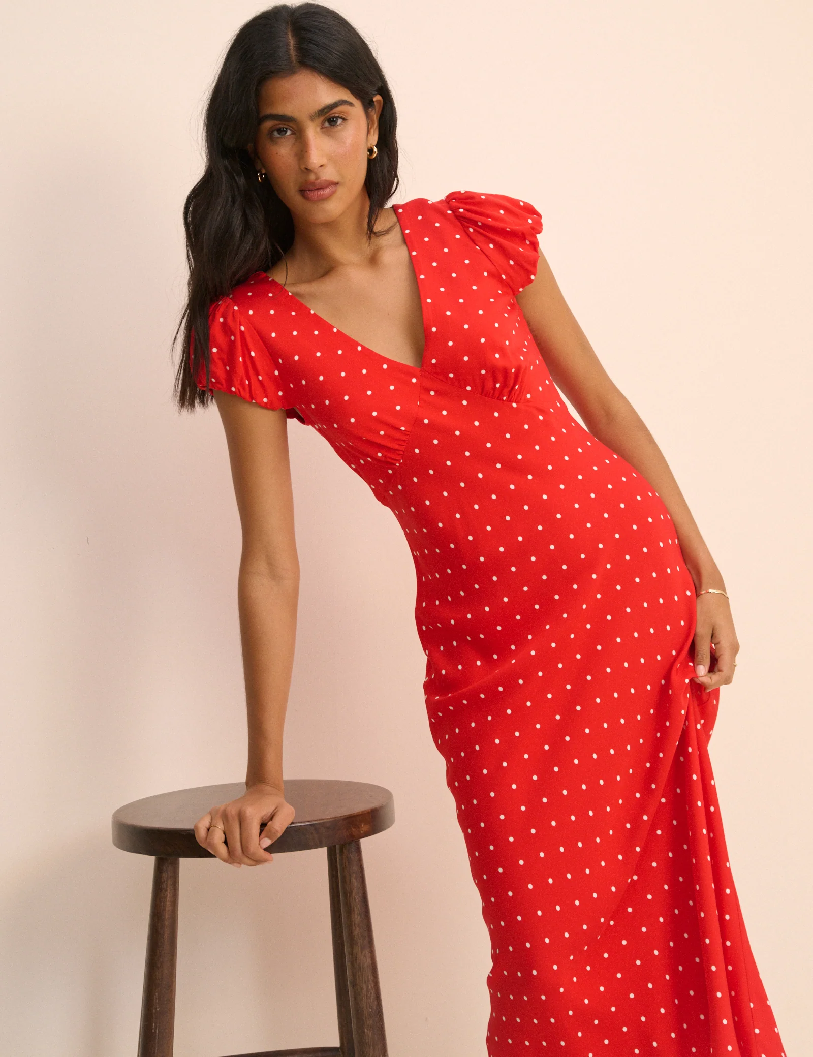 Red Polka Dot V-Neck Lina Midi Dress - Image 4