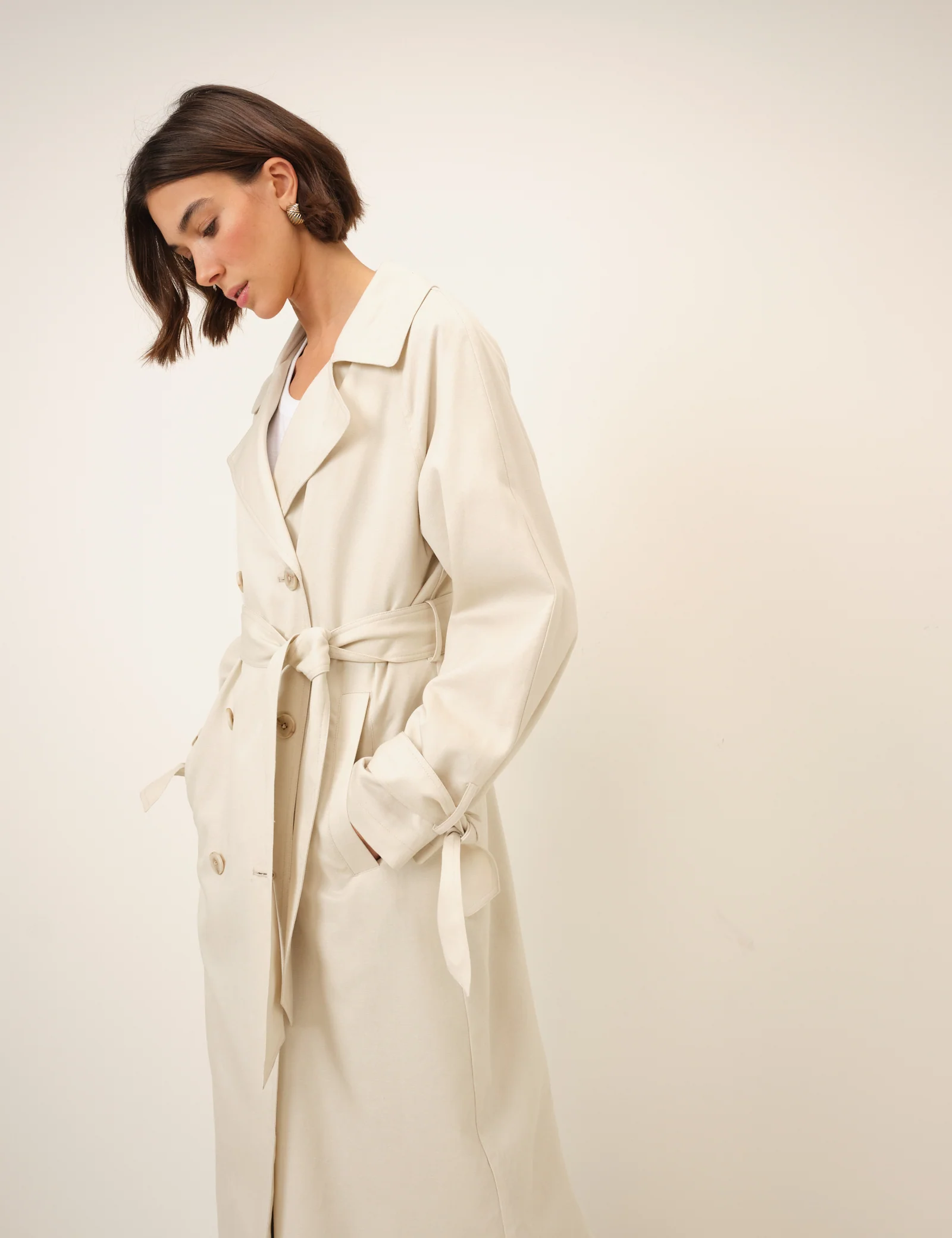 Cream Double-Breasted Lightweight Trench Coat