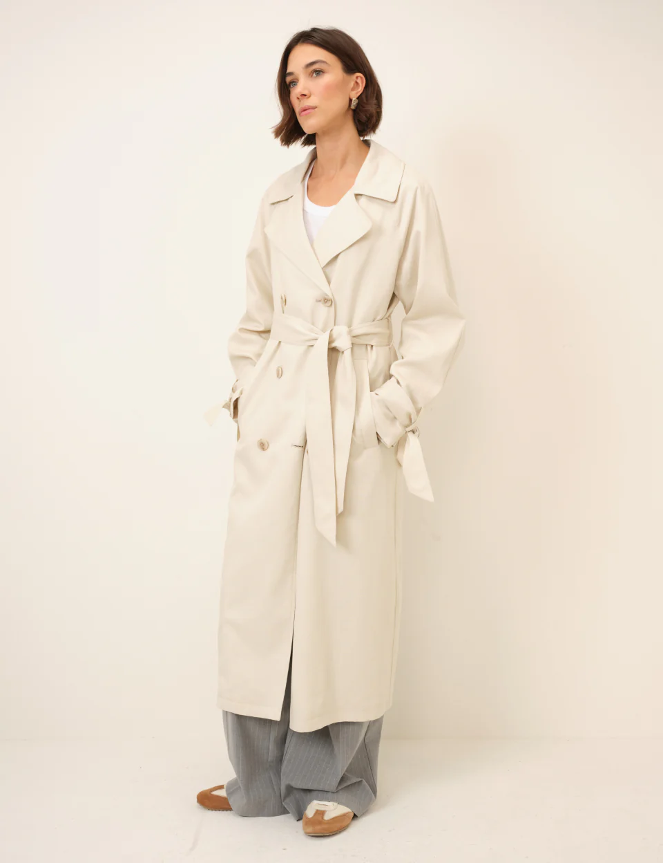 Cream Double-Breasted Lightweight Trench Coat - Image 2
