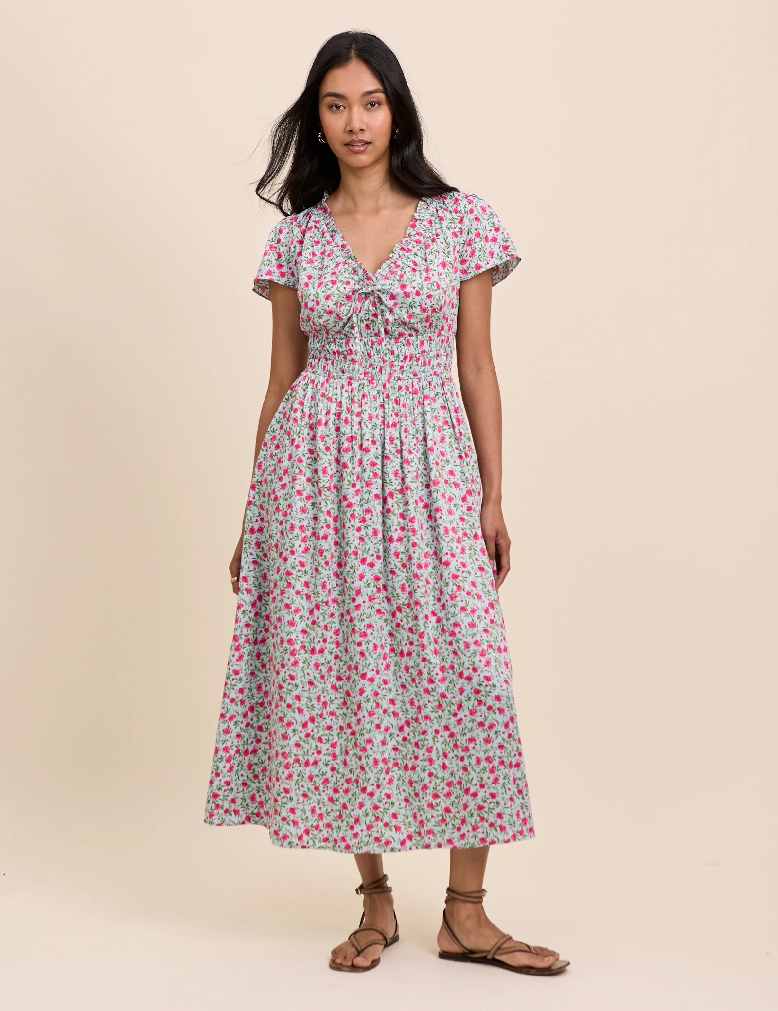 Blue Floral Shirred Lisa Midi Dress