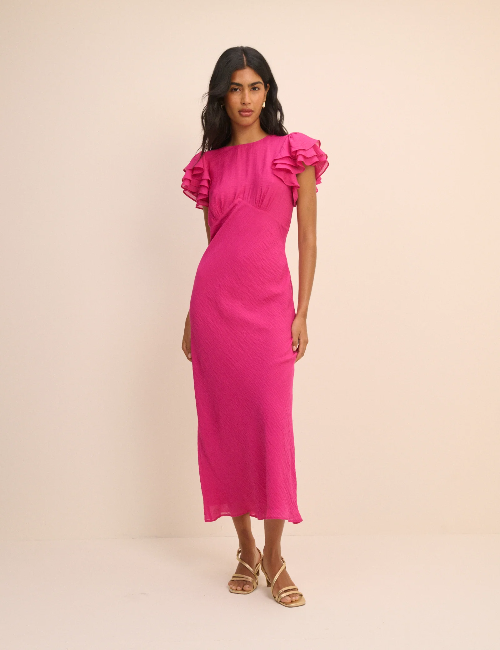 Pink Frill Sleeve Lola Midi Dress