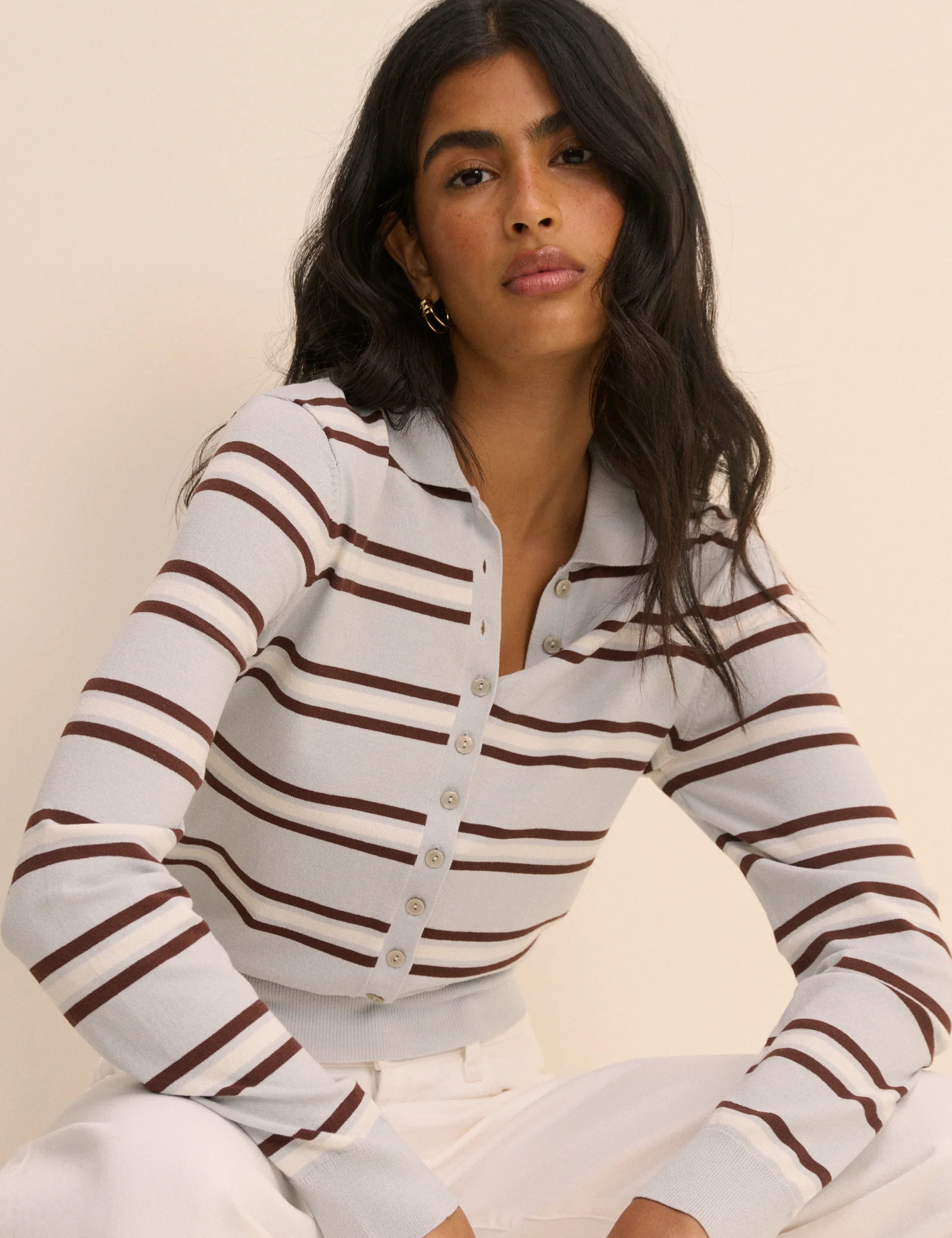 Baby Blue Striped Long Sleeve Knitted Polo Top - Image 4