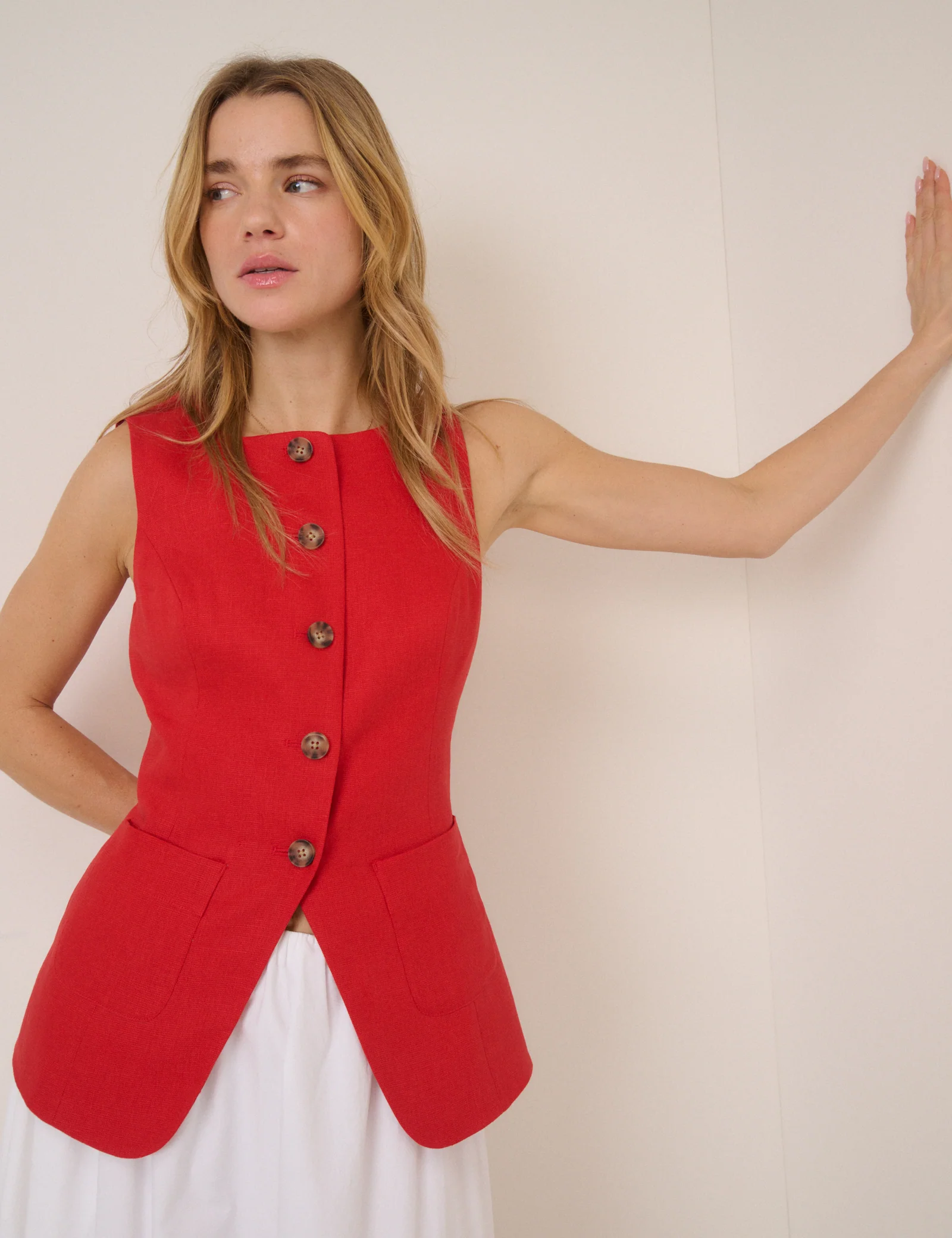 Red Linen-Blend Tailored Longline Waistcoat