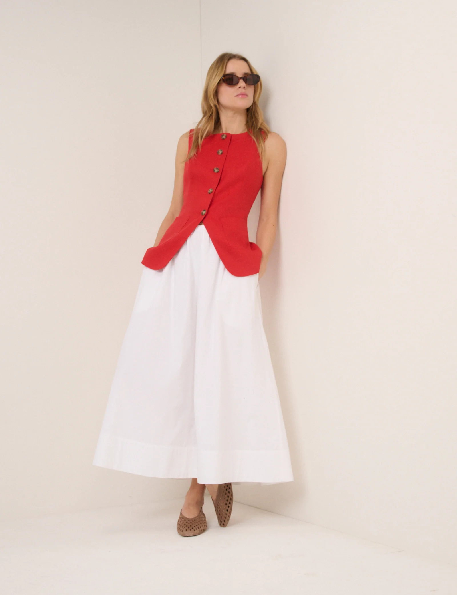 Red Linen-Blend Tailored Longline Waistcoat - Image 2
