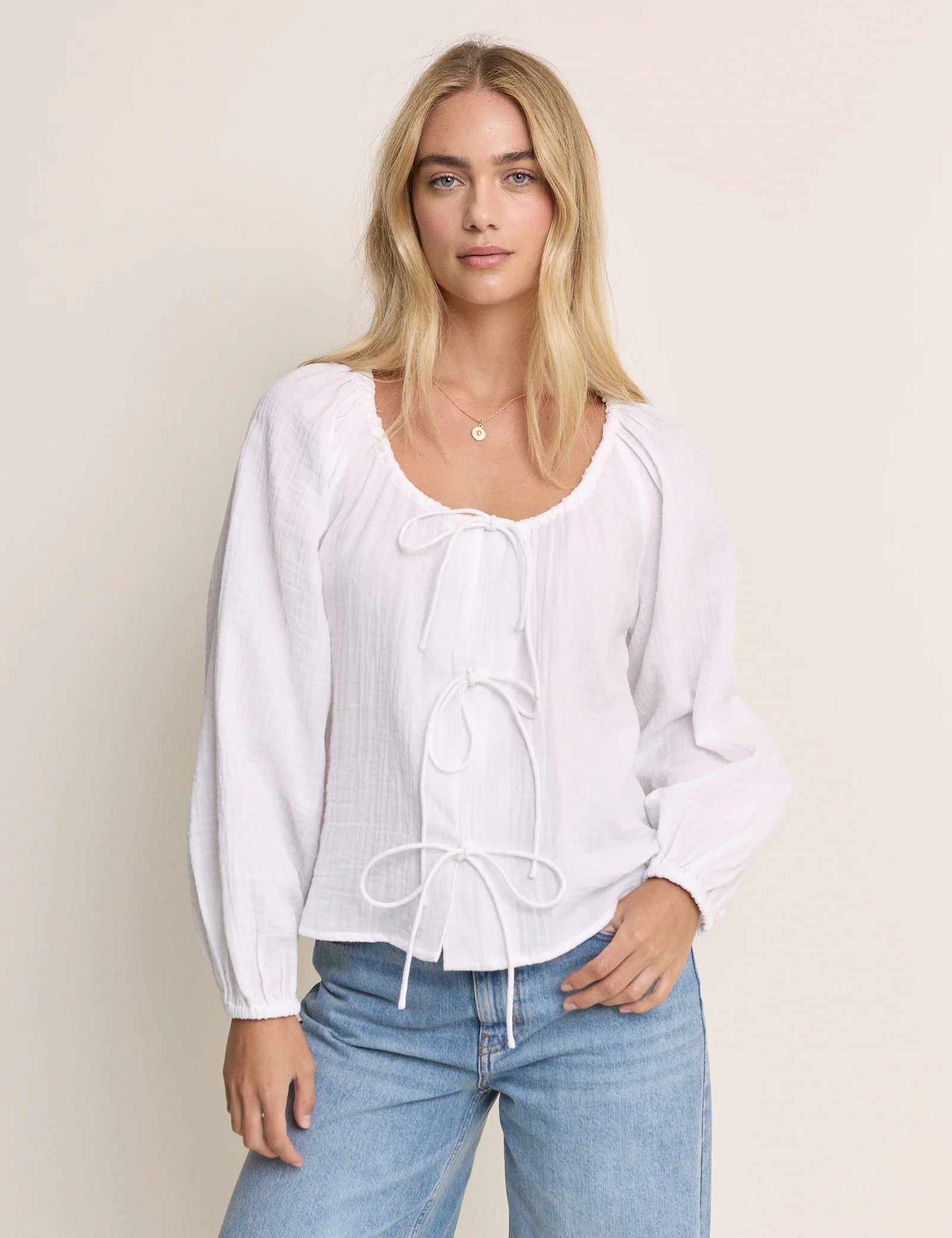 White Scoop Neck Double Gauze Top