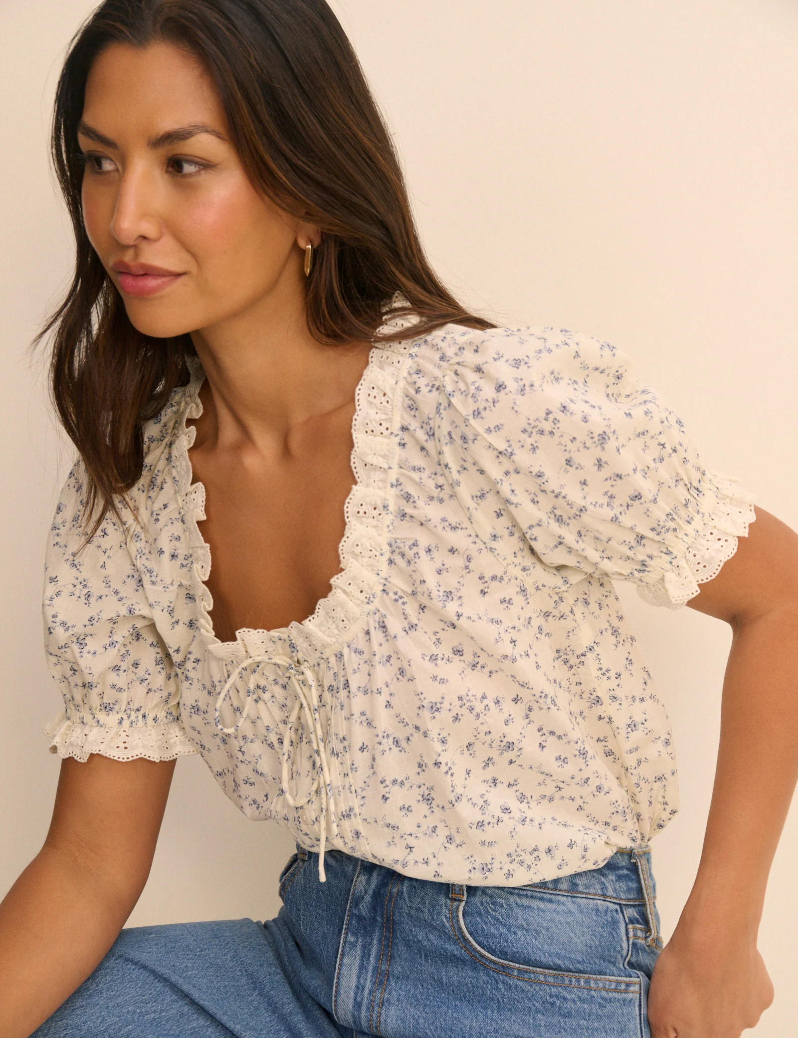 Ivory and Blue Ditsy Floral Puff Sleeve Lumi Blouse - Image 3