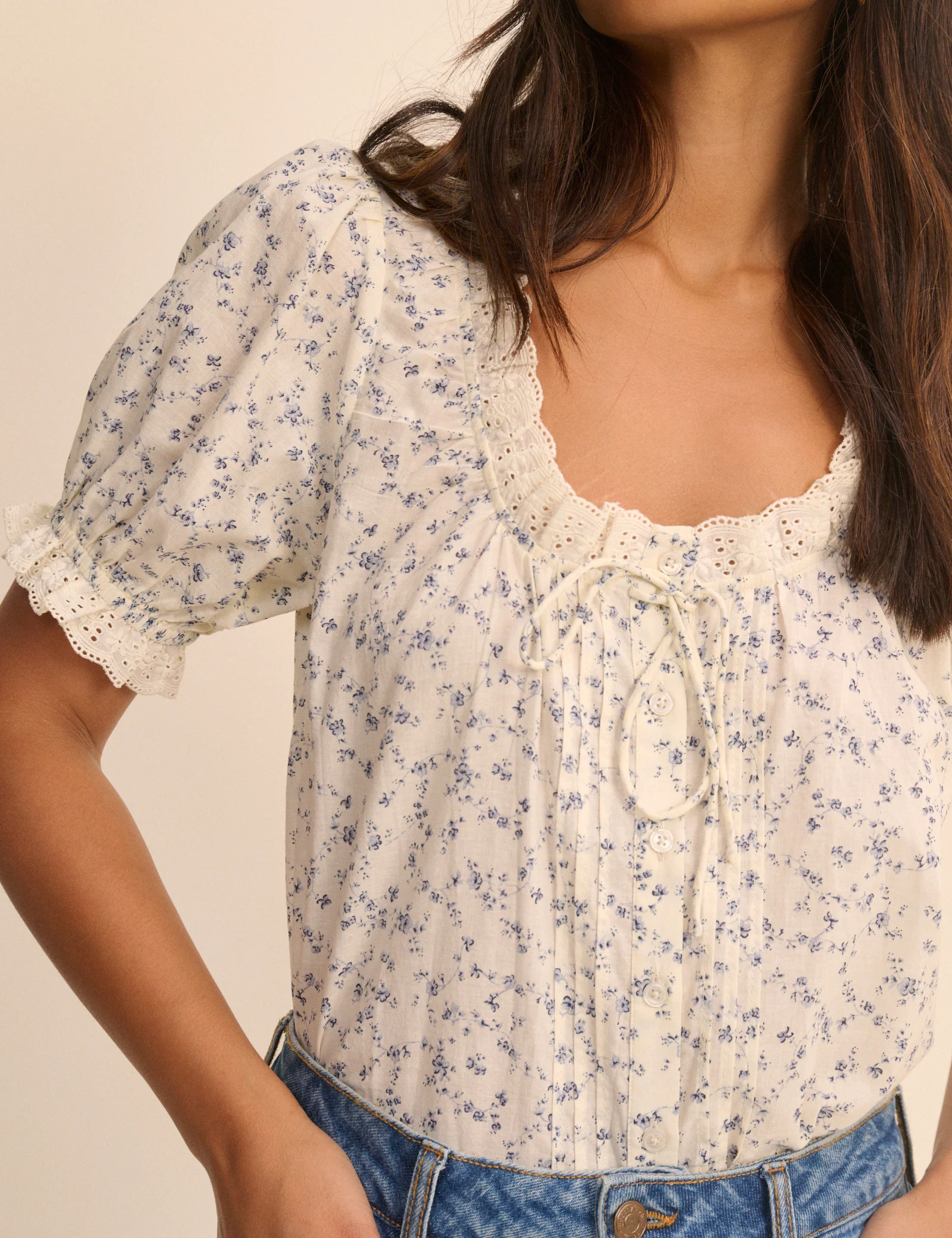 Ivory and Blue Ditsy Floral Puff Sleeve Lumi Blouse - Image 4