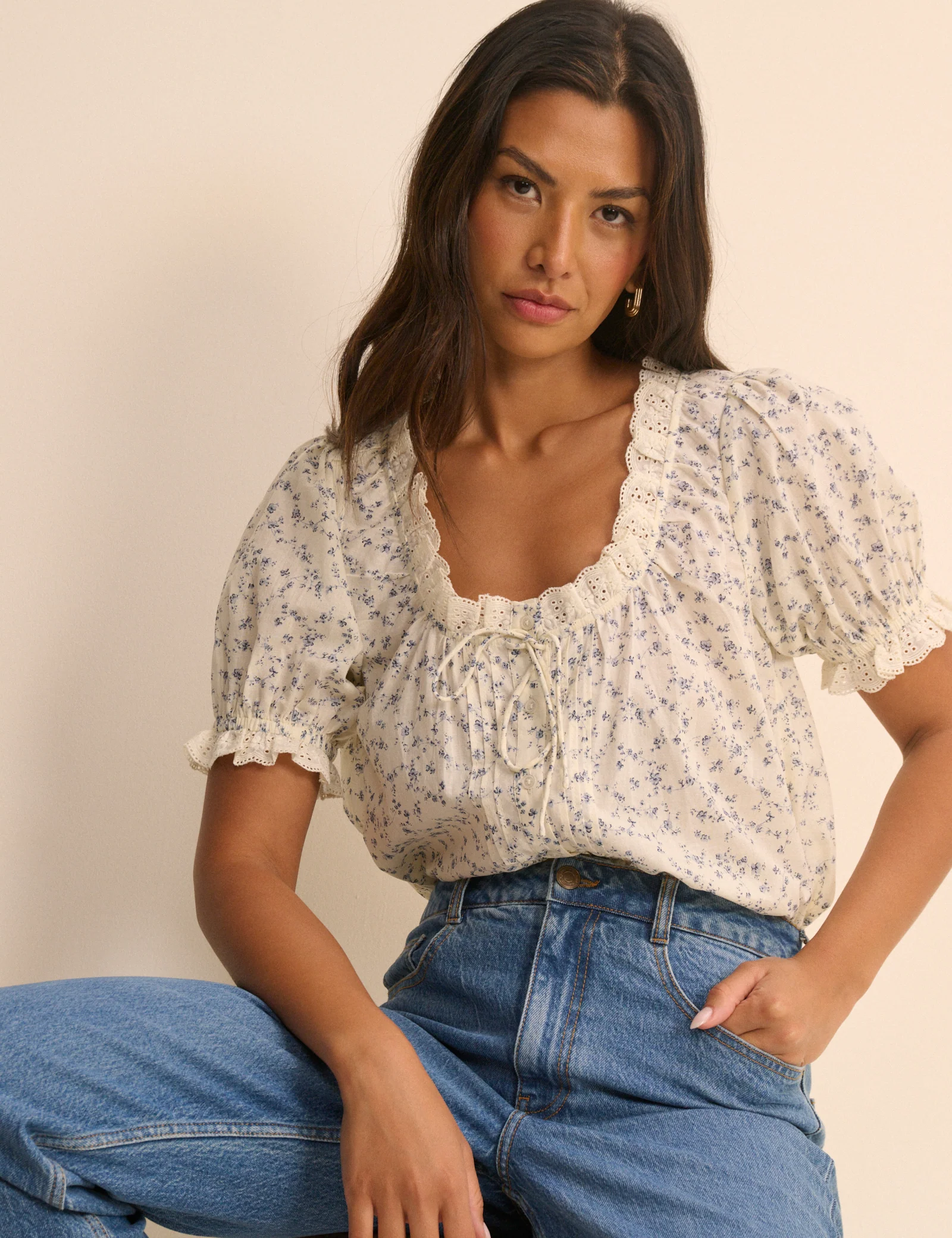 Ivory and Blue Ditsy Floral Puff Sleeve Lumi Blouse - Image 5
