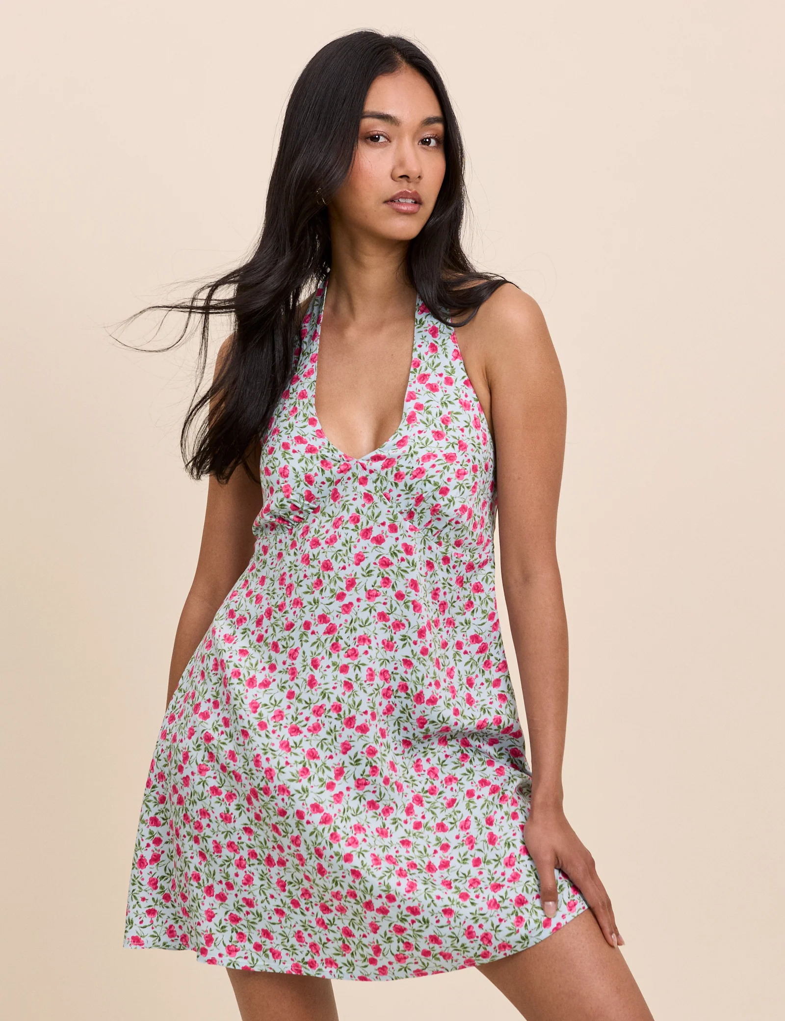Blue Floral Halterneck Lynette Mini Dress - Image 4