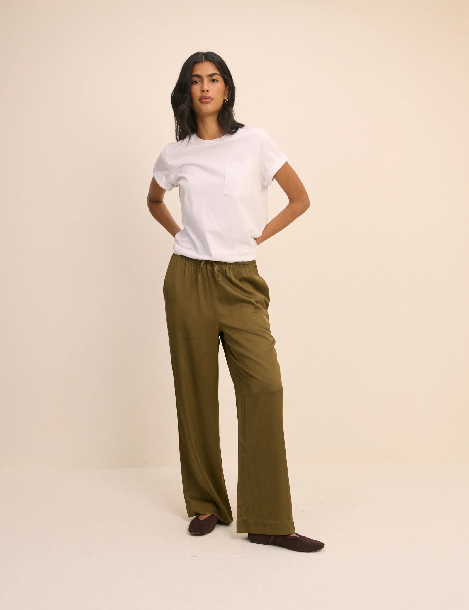 Khaki Satin Wide Leg Lyra Trousers - Image 2