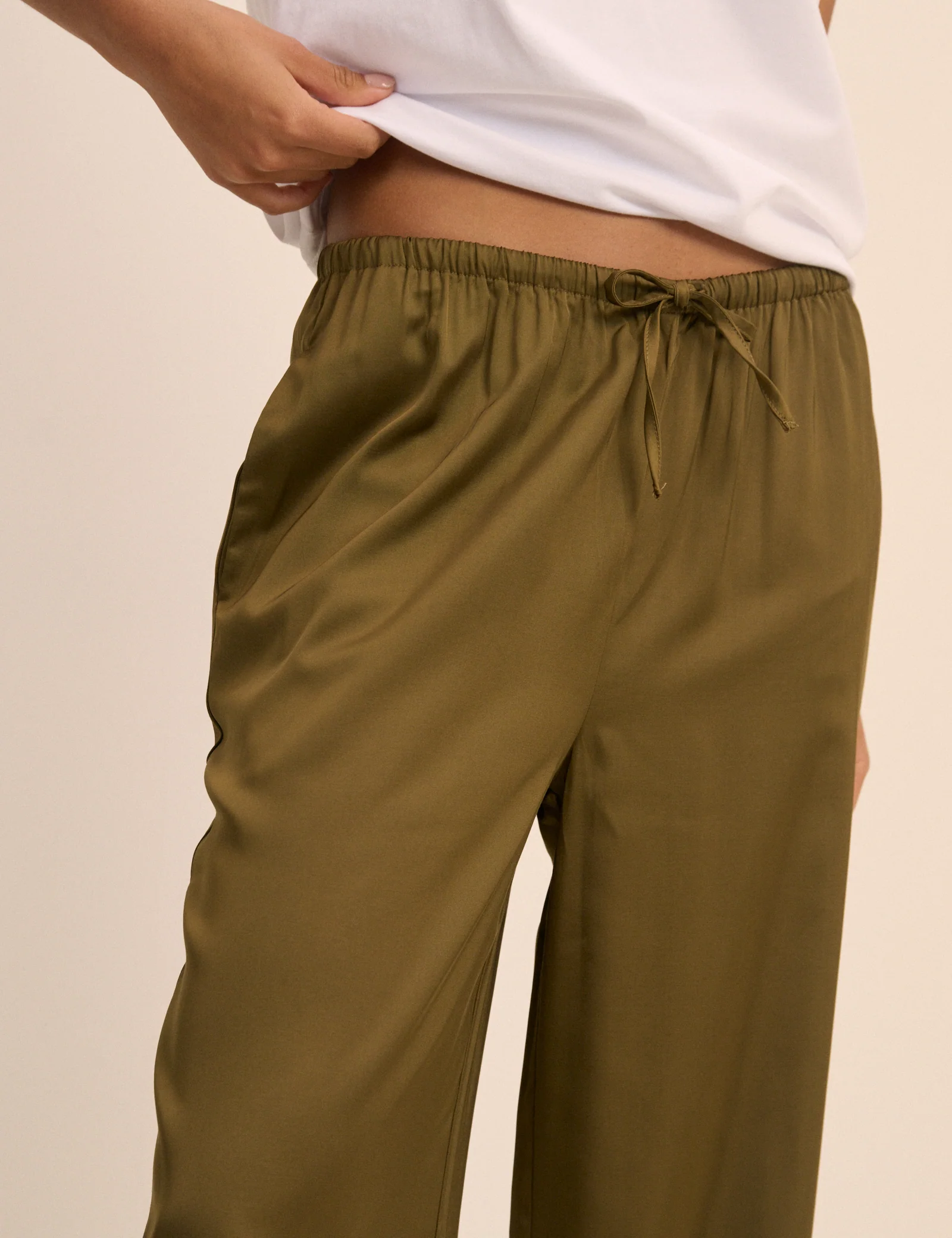 Khaki Satin Wide Leg Lyra Trousers - Image 3