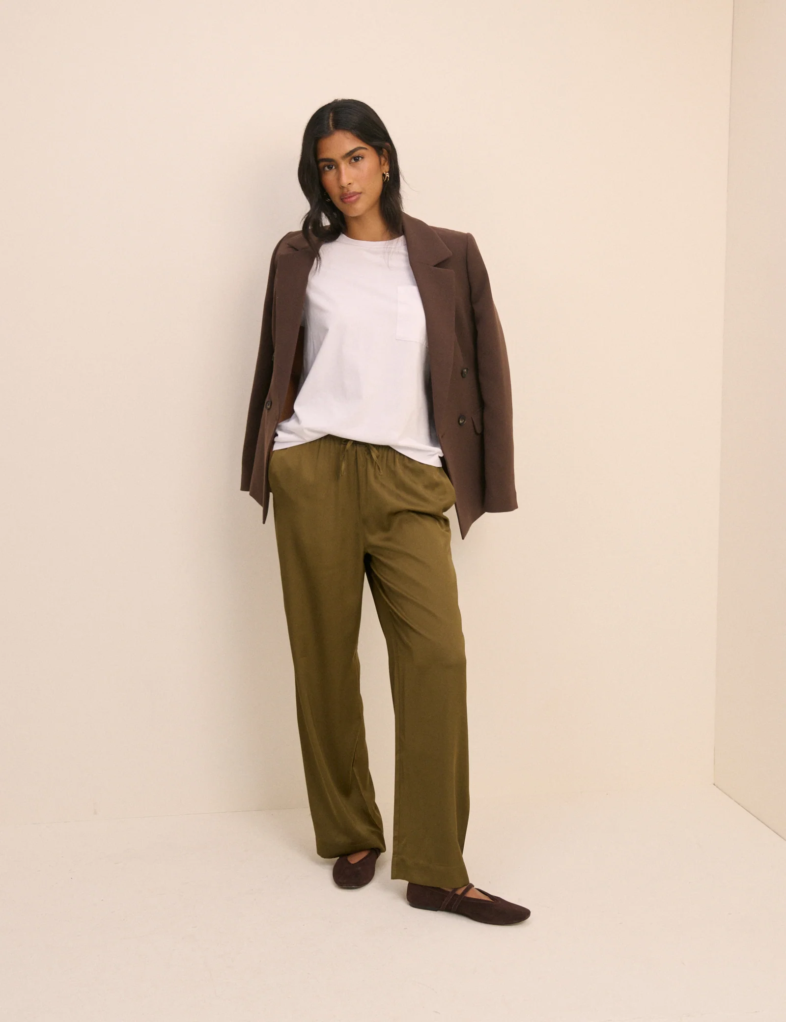Khaki Satin Wide Leg Lyra Trousers - Image 4