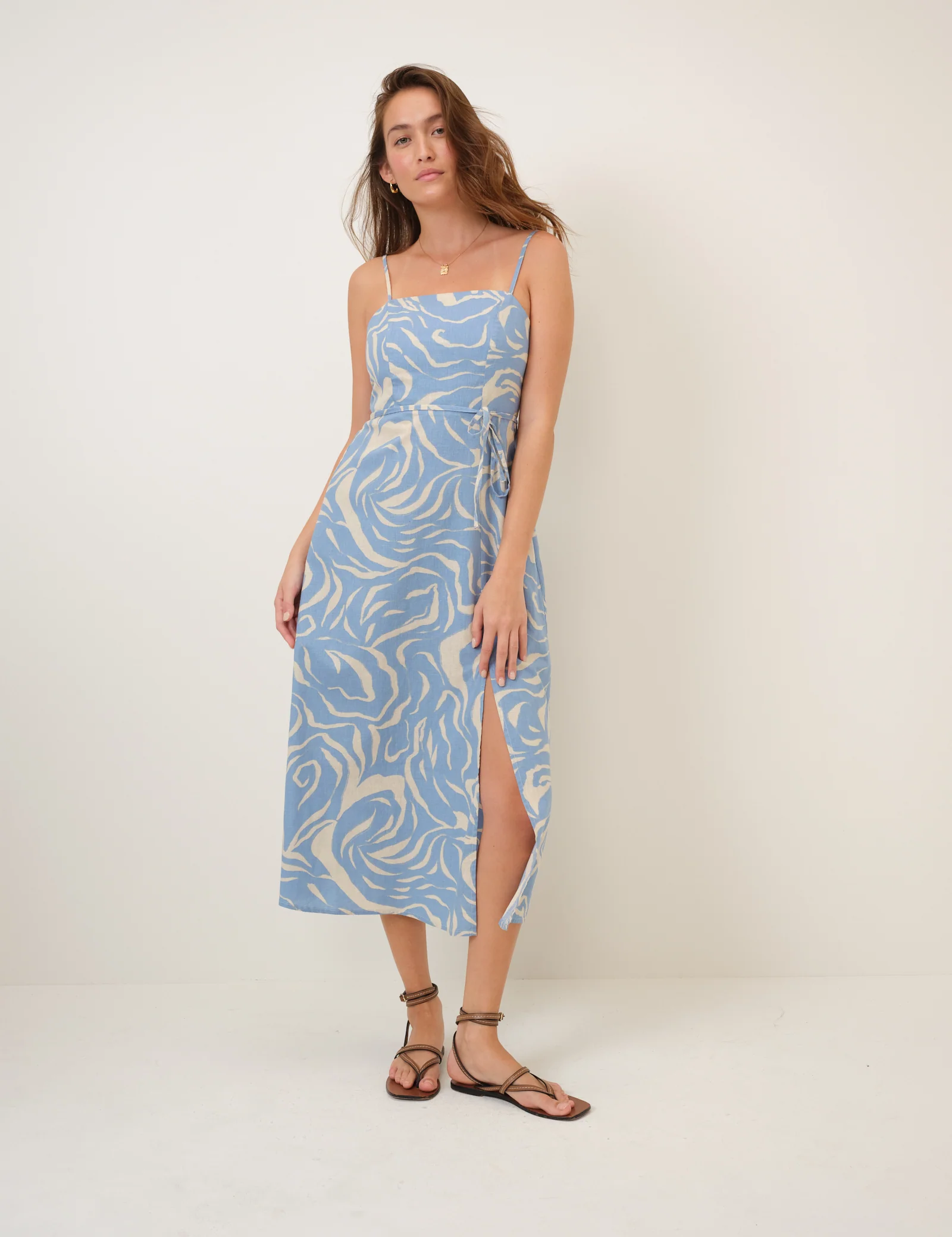 Blue Printed Linen-Blend Maddy Midi Dress