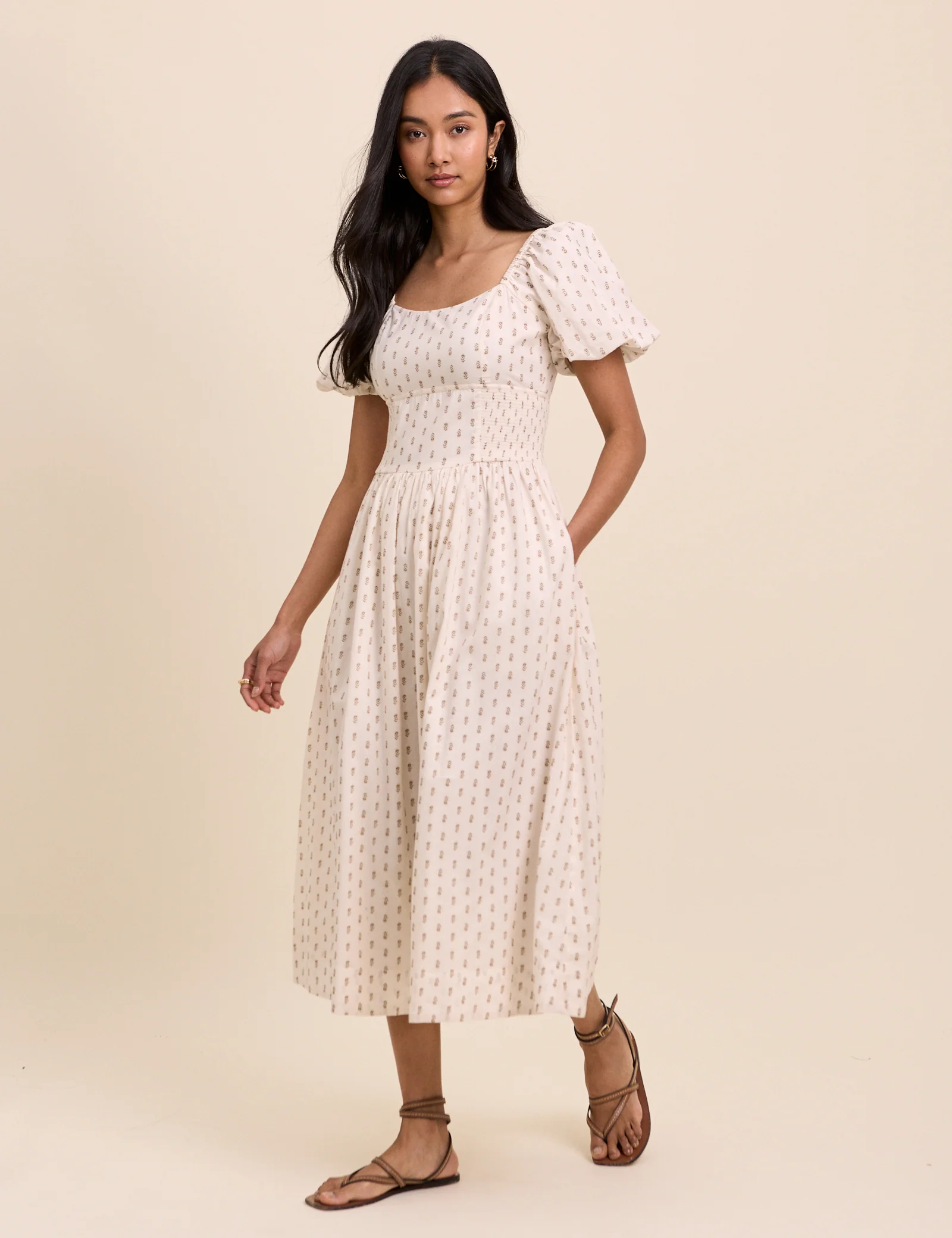 Ivory Floral Puff Sleeve Mara Midi Dress
