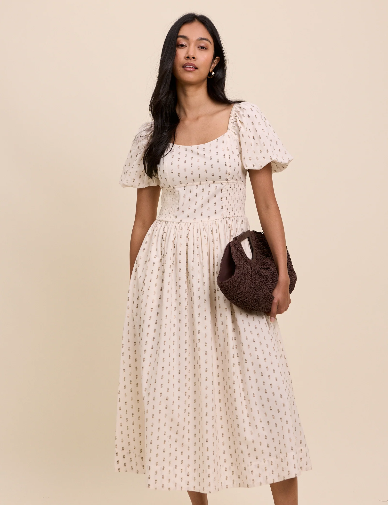 Ivory Floral Puff Sleeve Mara Midi Dress - Image 3