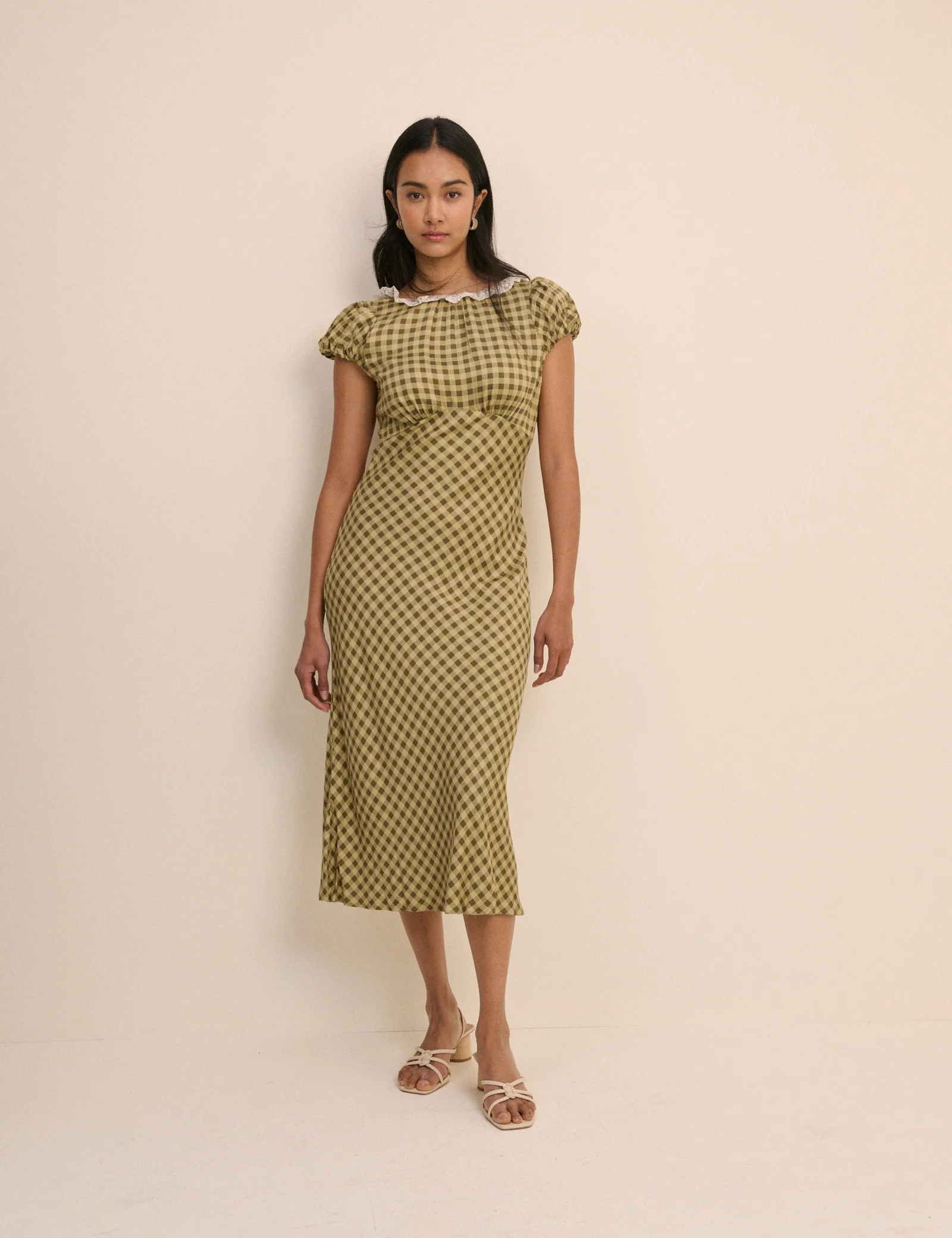 Green Gingham Puff Sleeve Marianna Midi Dress
