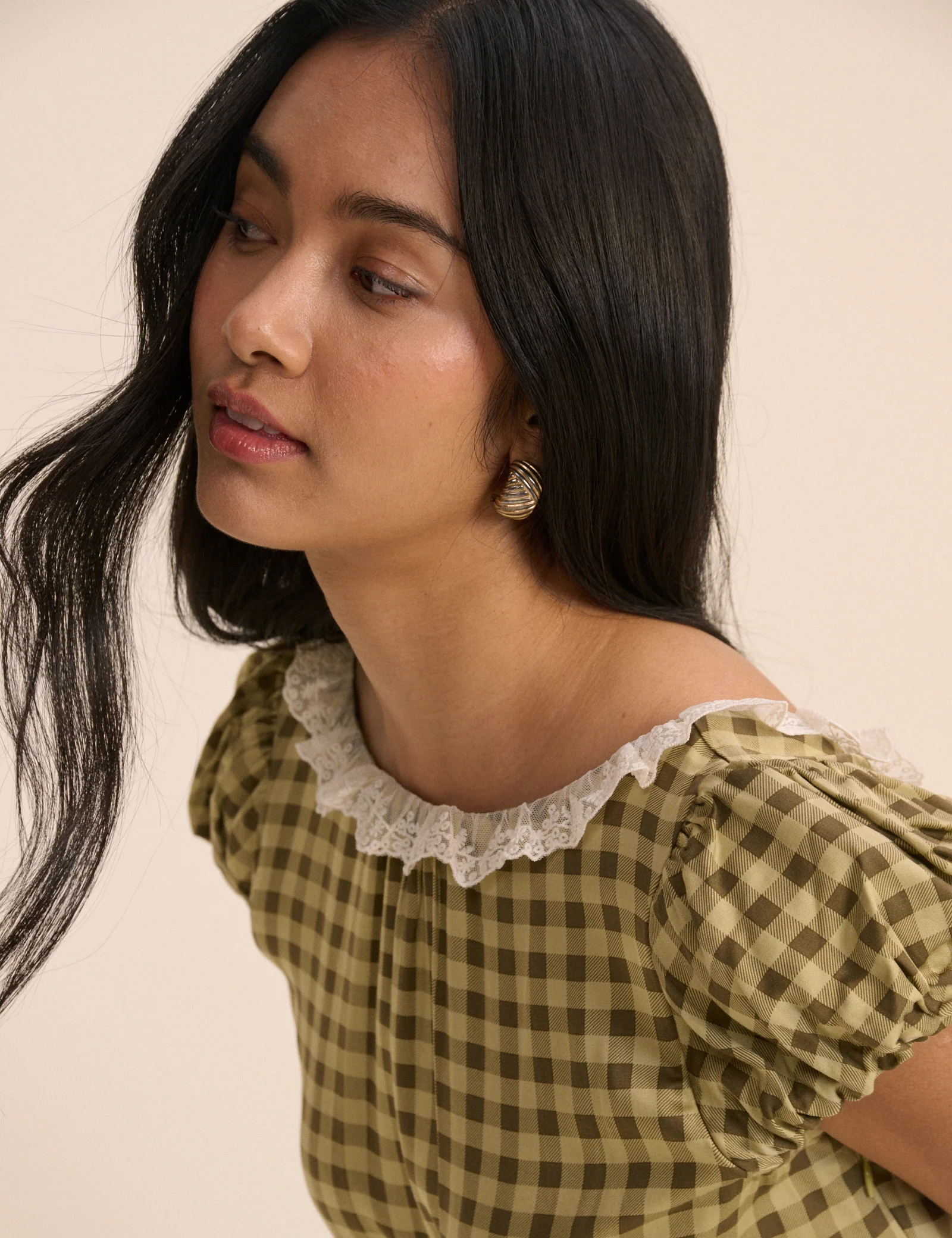 Green Gingham Puff Sleeve Marianna Midi Dress - Image 3