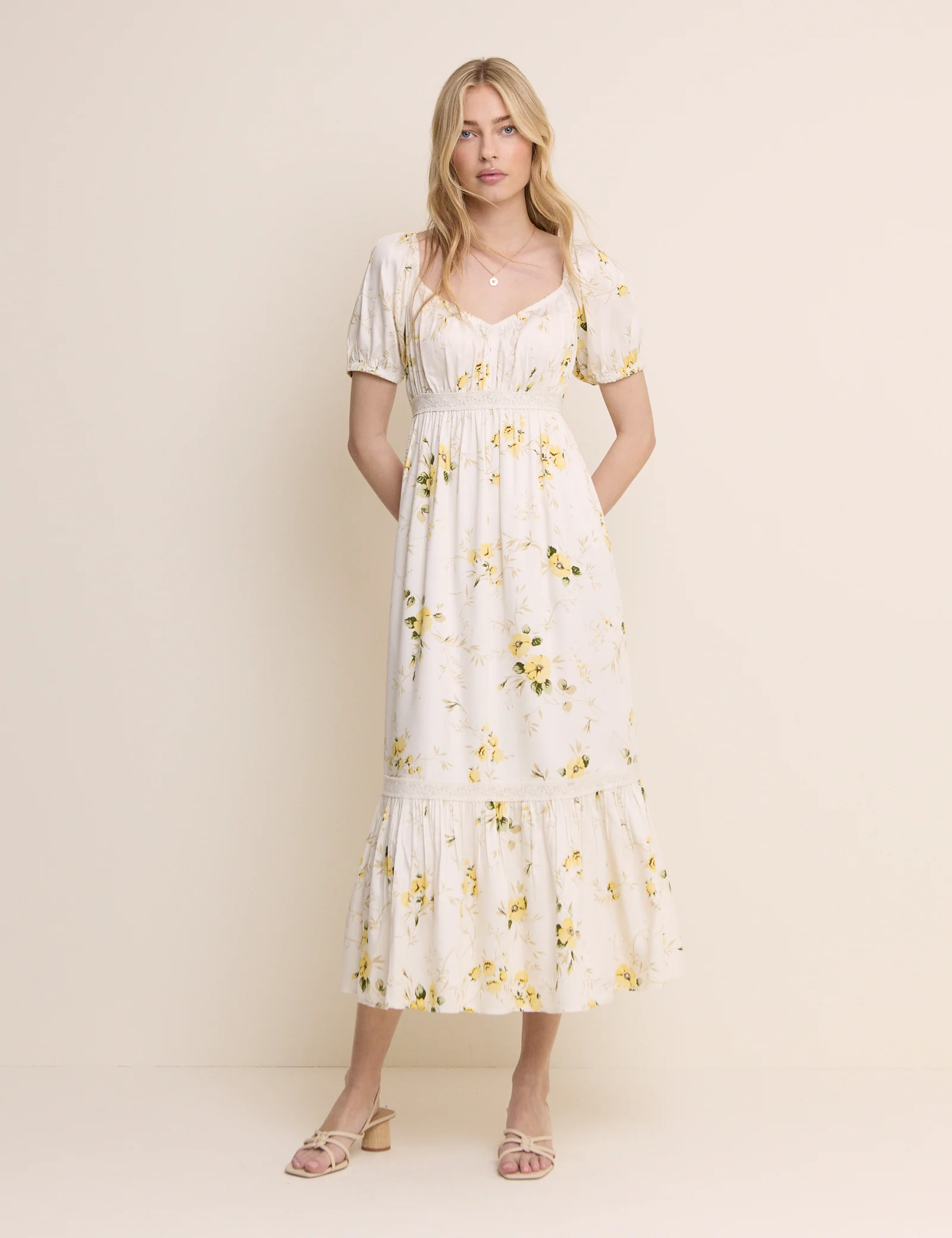 White Floral Puff Sleeve Maryam Midi Dress - Image 2