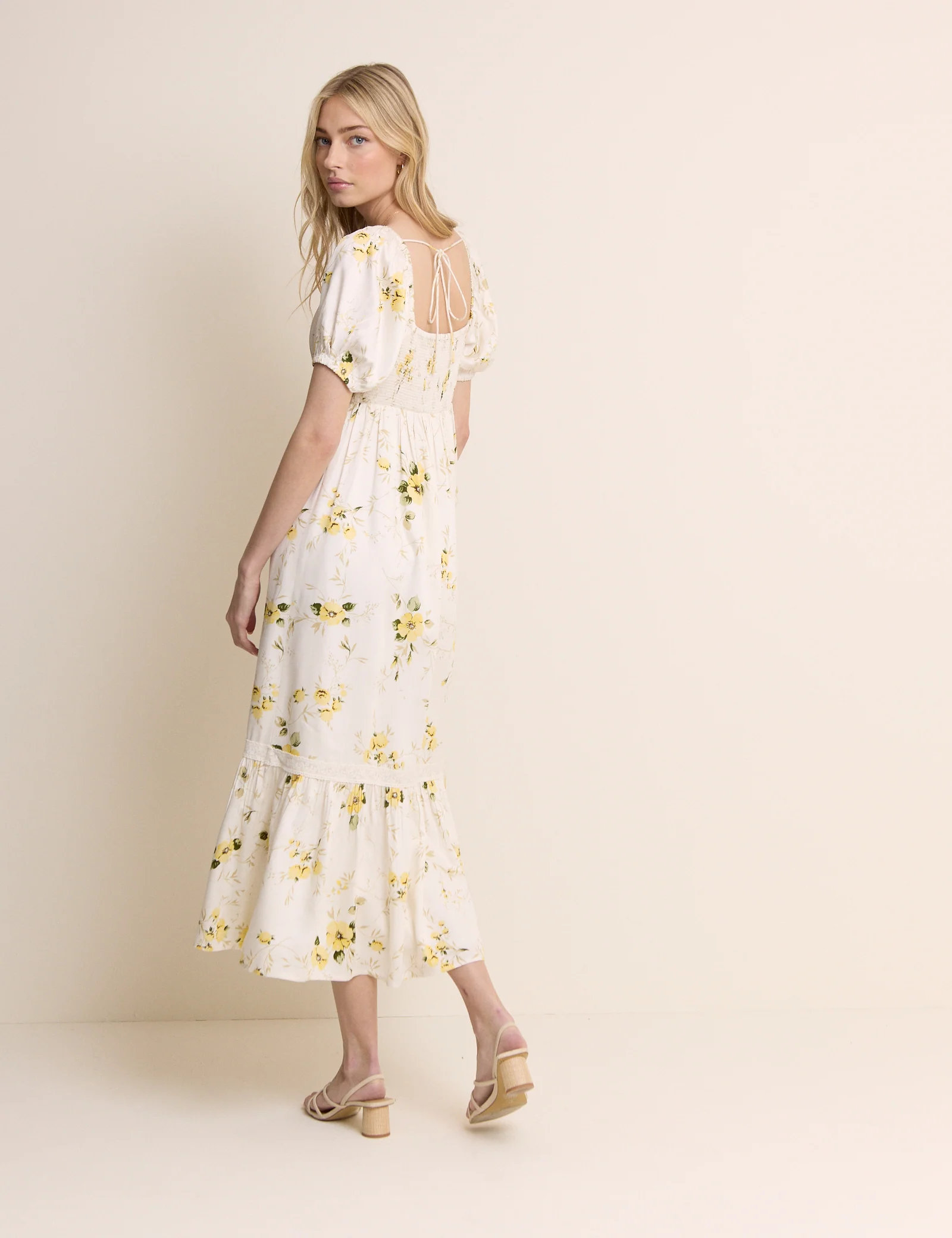 White Floral Puff Sleeve Maryam Midi Dress - Image 5