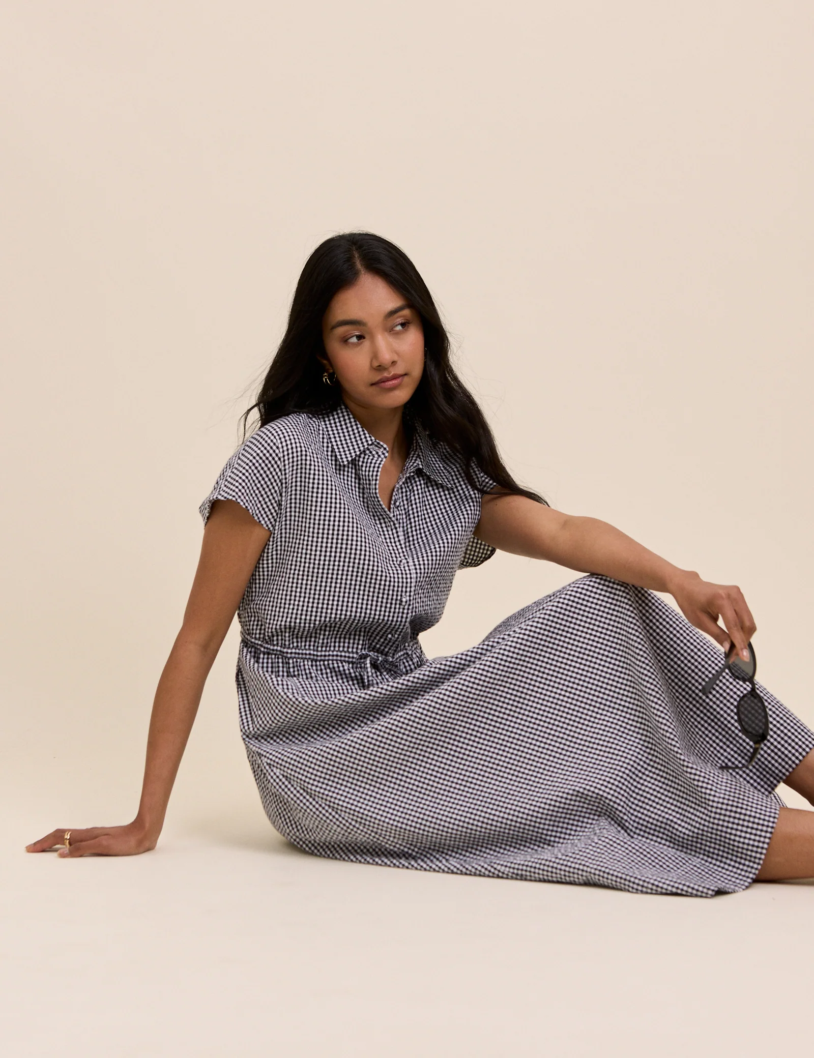 Black and White Gingham Mason Shirt Midi Dress - Image 3