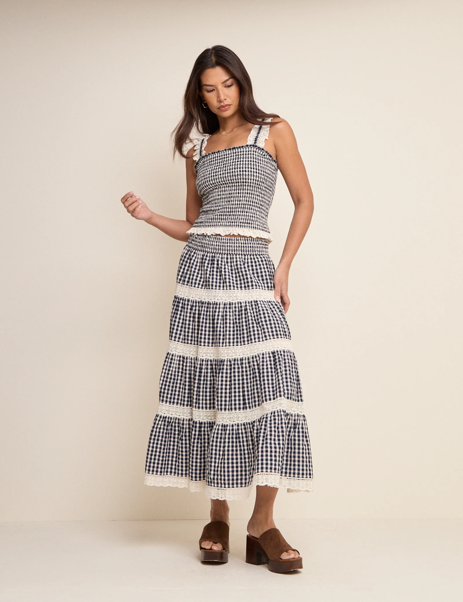 Navy Gingham Shirred Ruffle Trim Top - Image 2