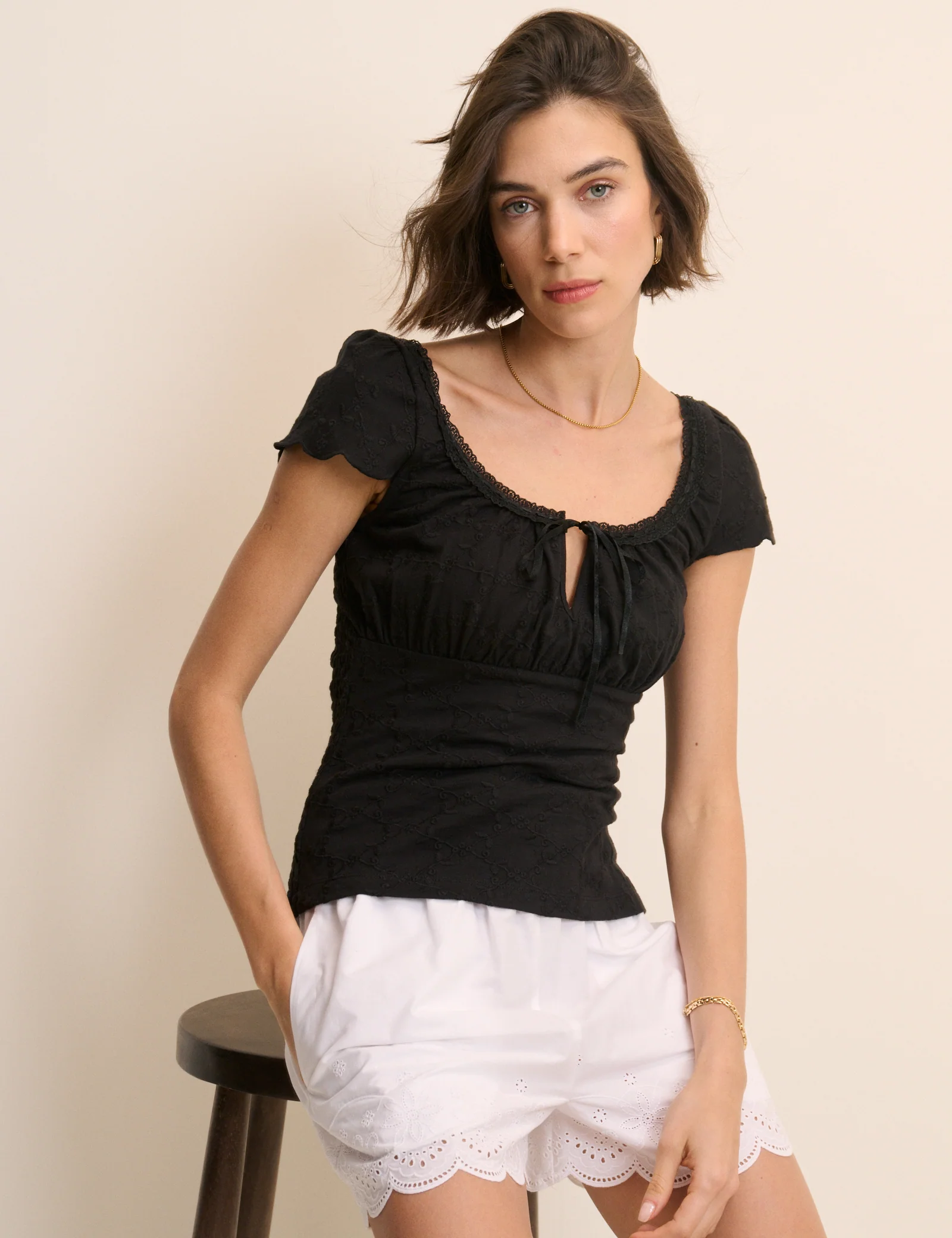 Black Broderie Milkmaid Jersey Top - Image 3