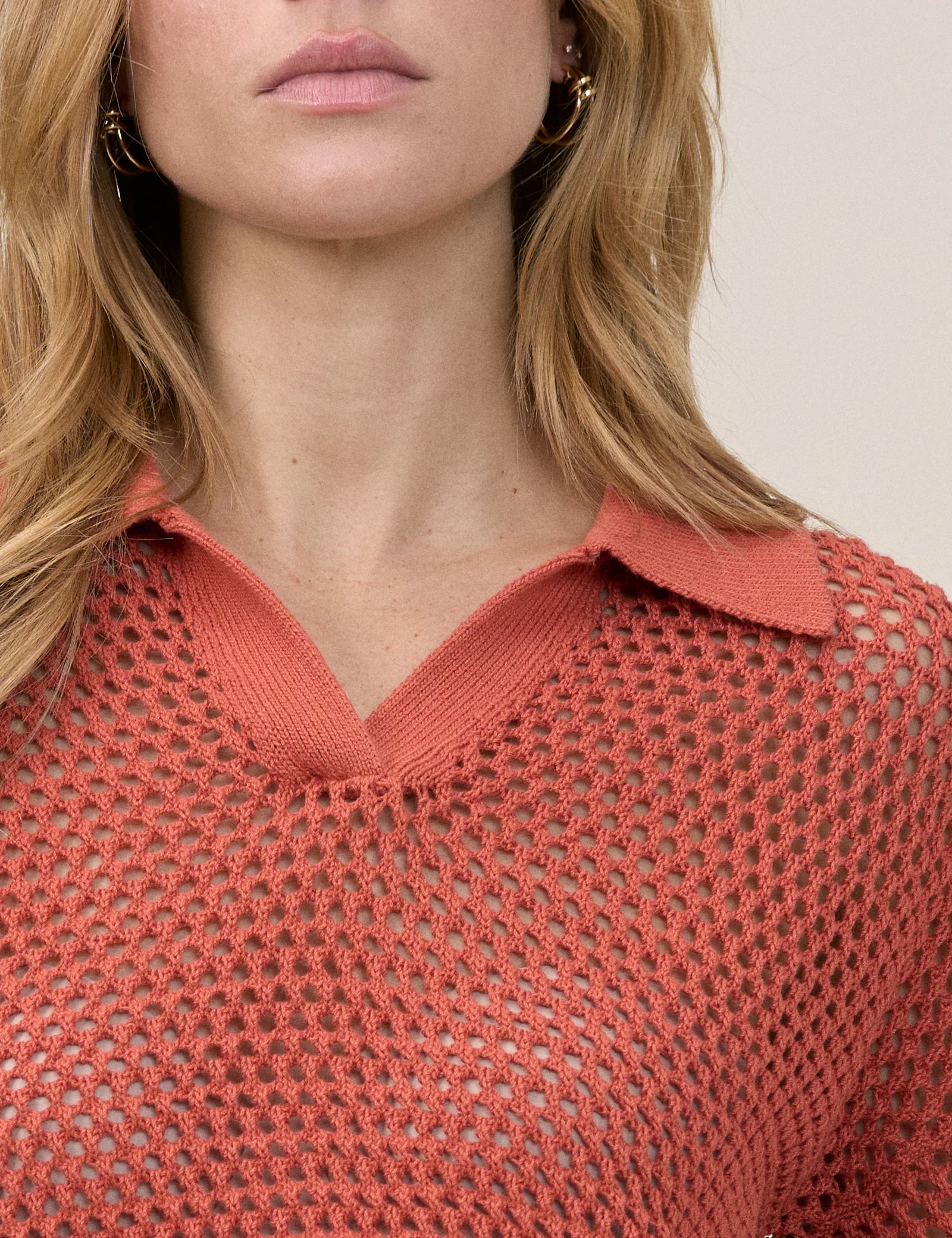 Orange Open Collar Polo Knitted Top - Image 3