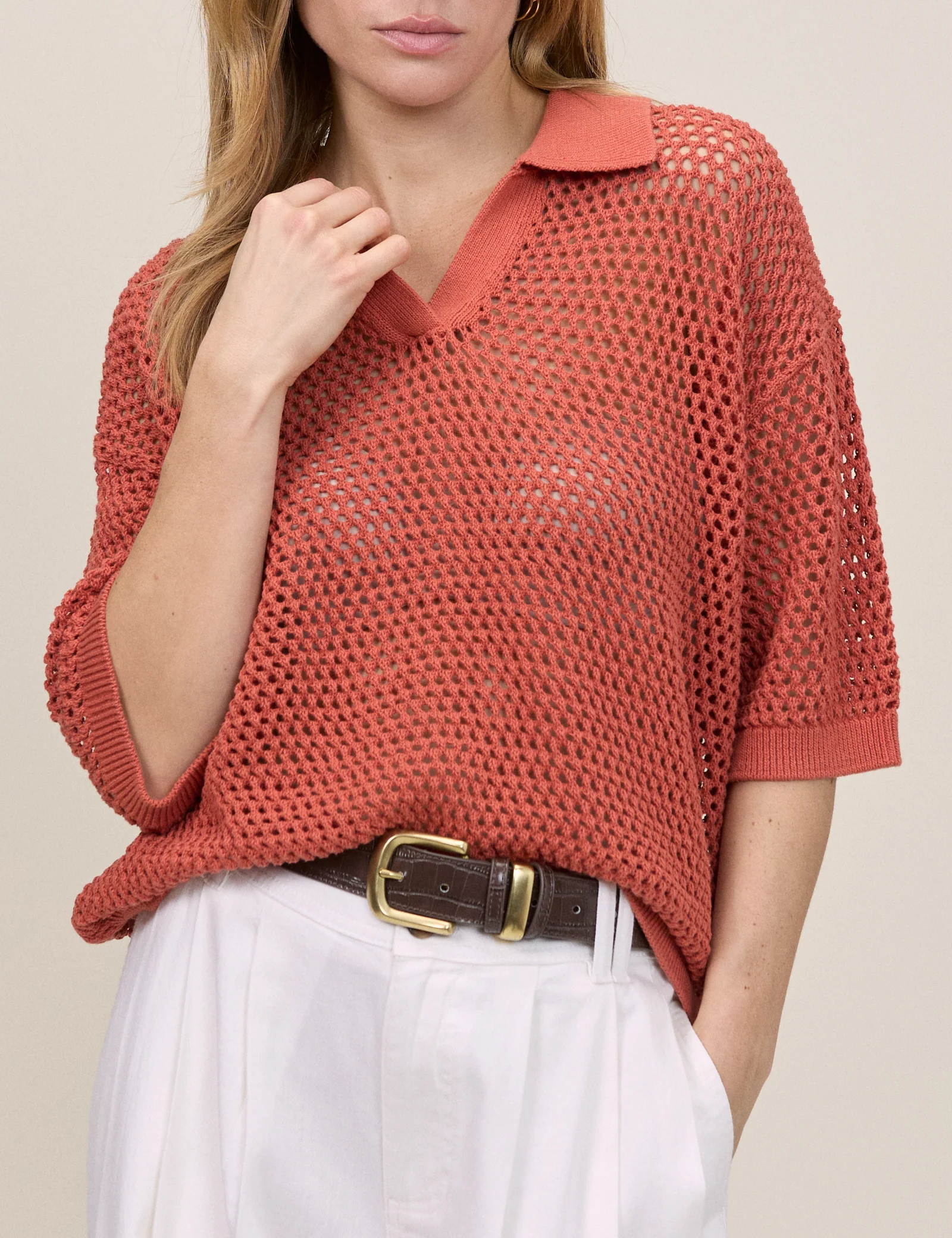 Orange Open Collar Polo Knitted Top - Image 4