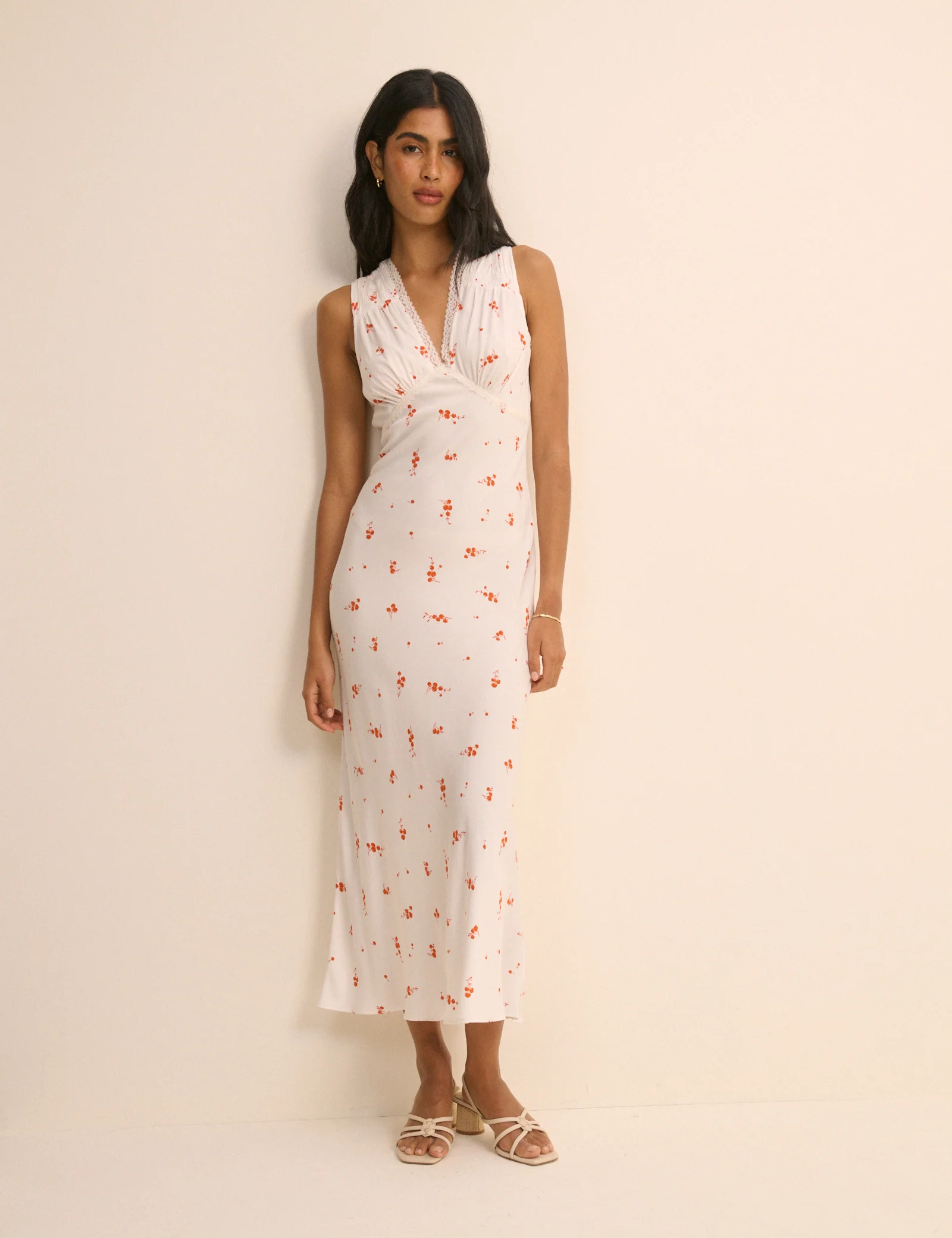White Cherry Print Ria Midi Dress
