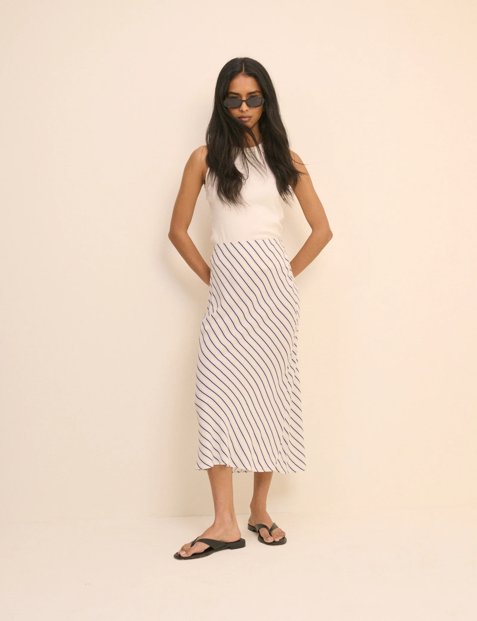 White and Blue Stripe Mila Midi Slip Skirt - Image 3
