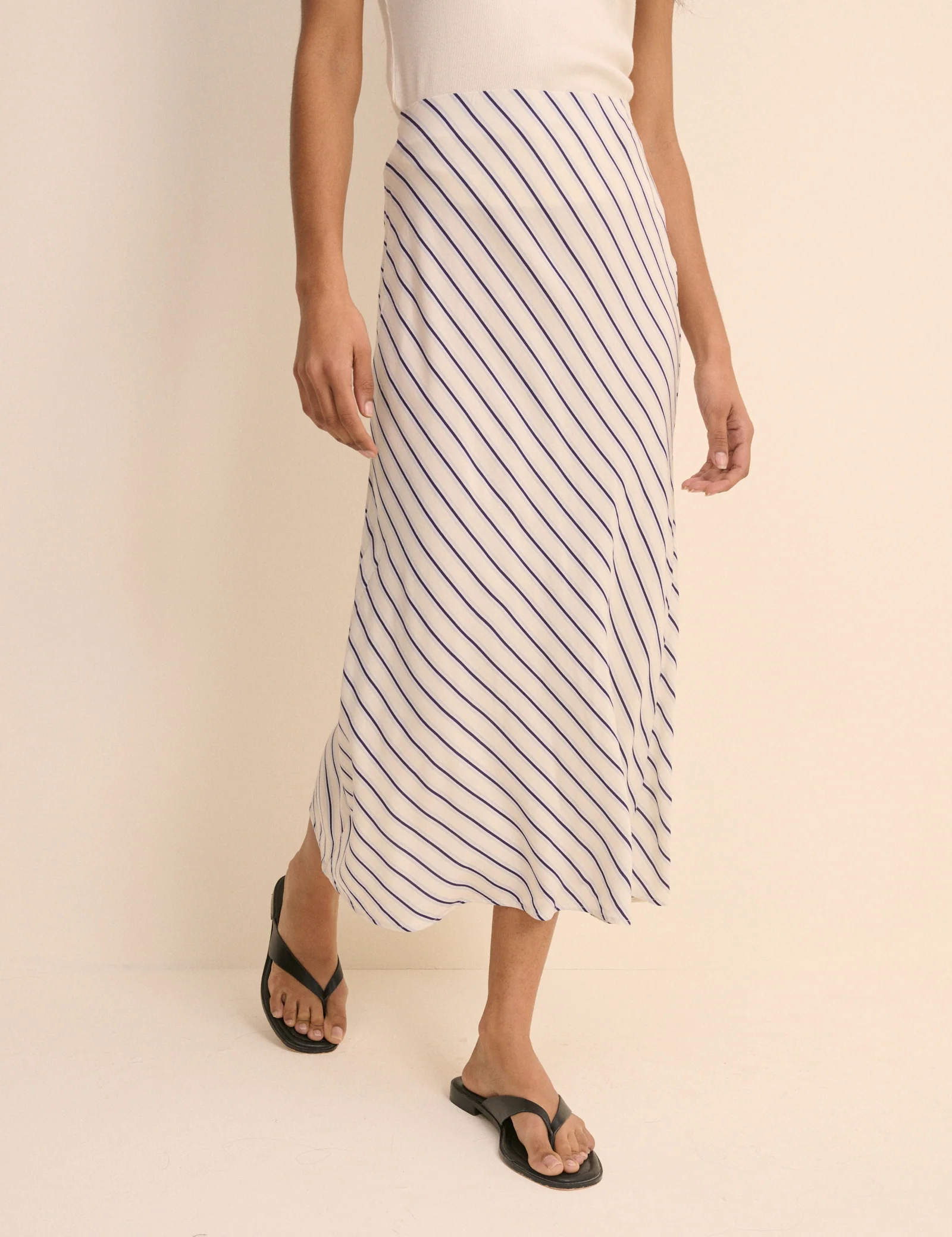White and Blue Stripe Mila Midi Slip Skirt - Image 4