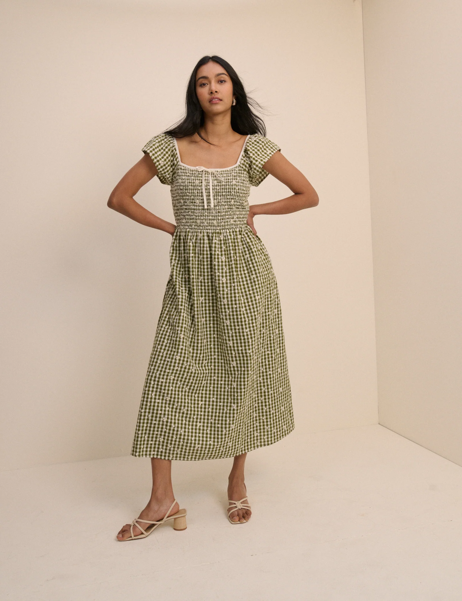 Green Gingham Shirred Mindy Midi Dress