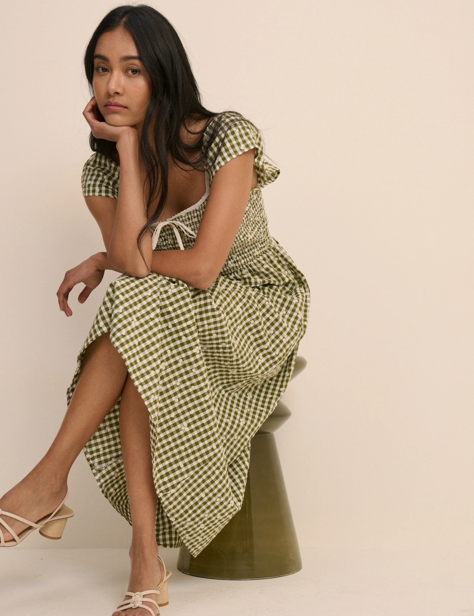 Green Gingham Shirred Mindy Midi Dress - Image 3