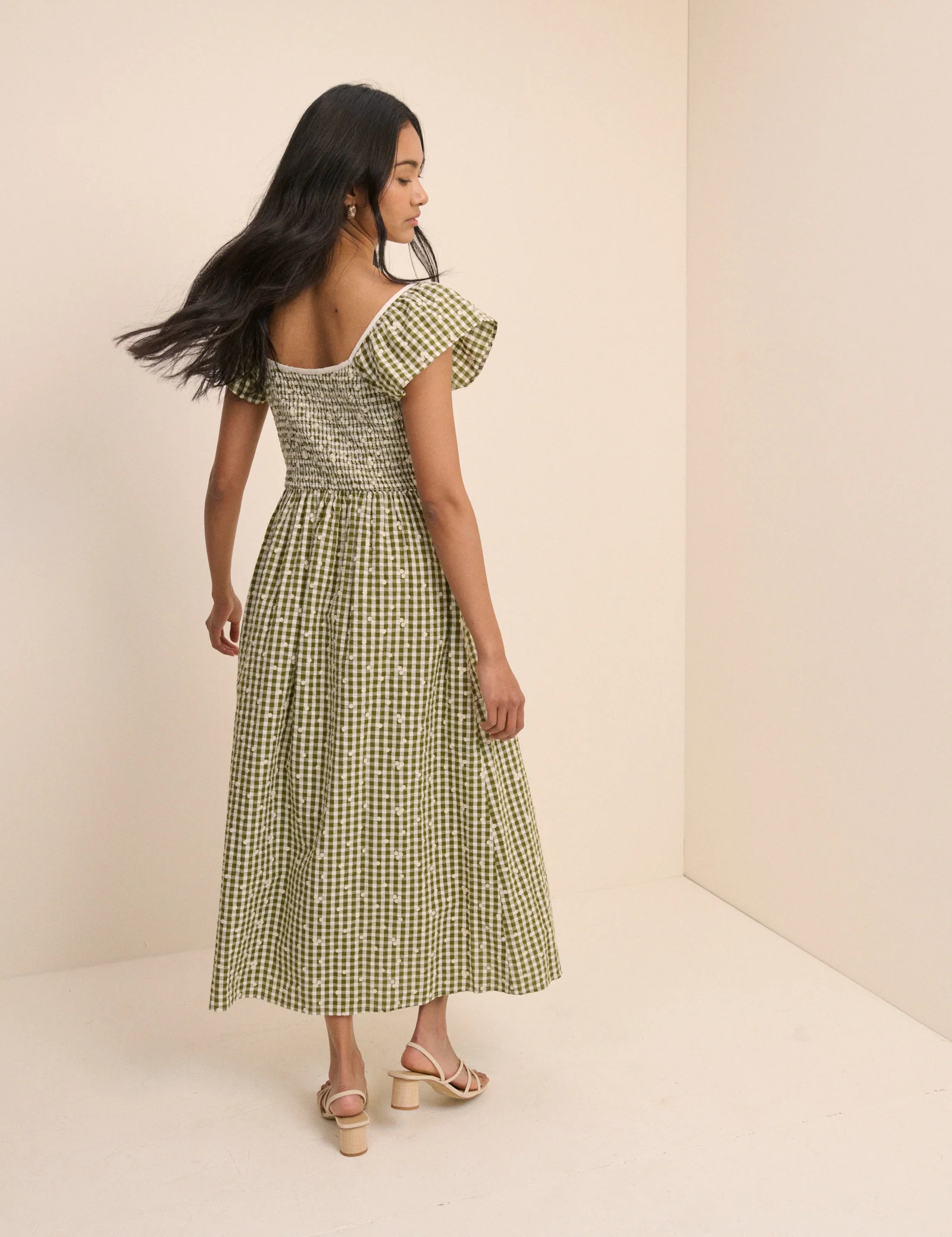 Green Gingham Shirred Mindy Midi Dress - Image 5