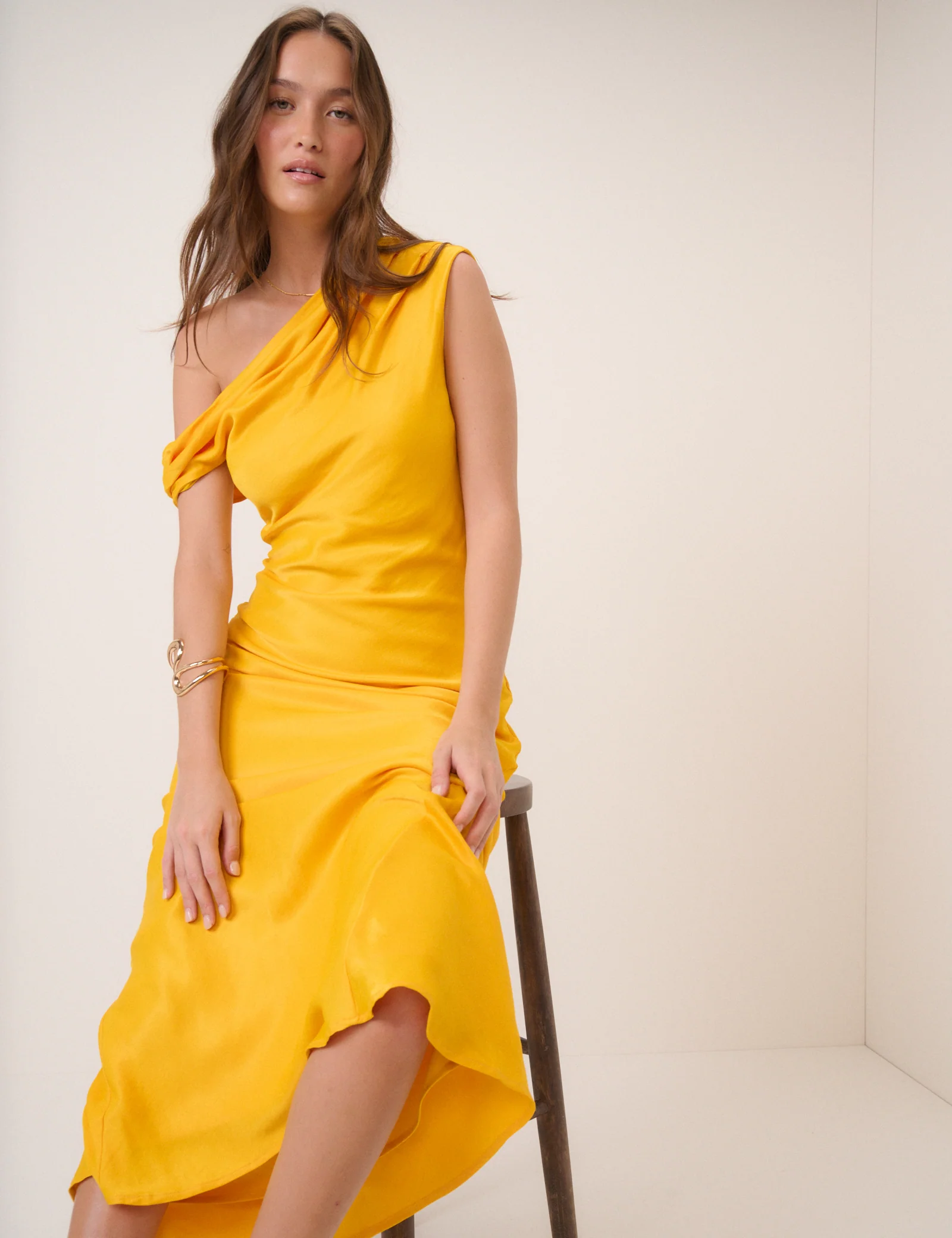 Yellow One Shoulder Minka Midi Dress - Image 4