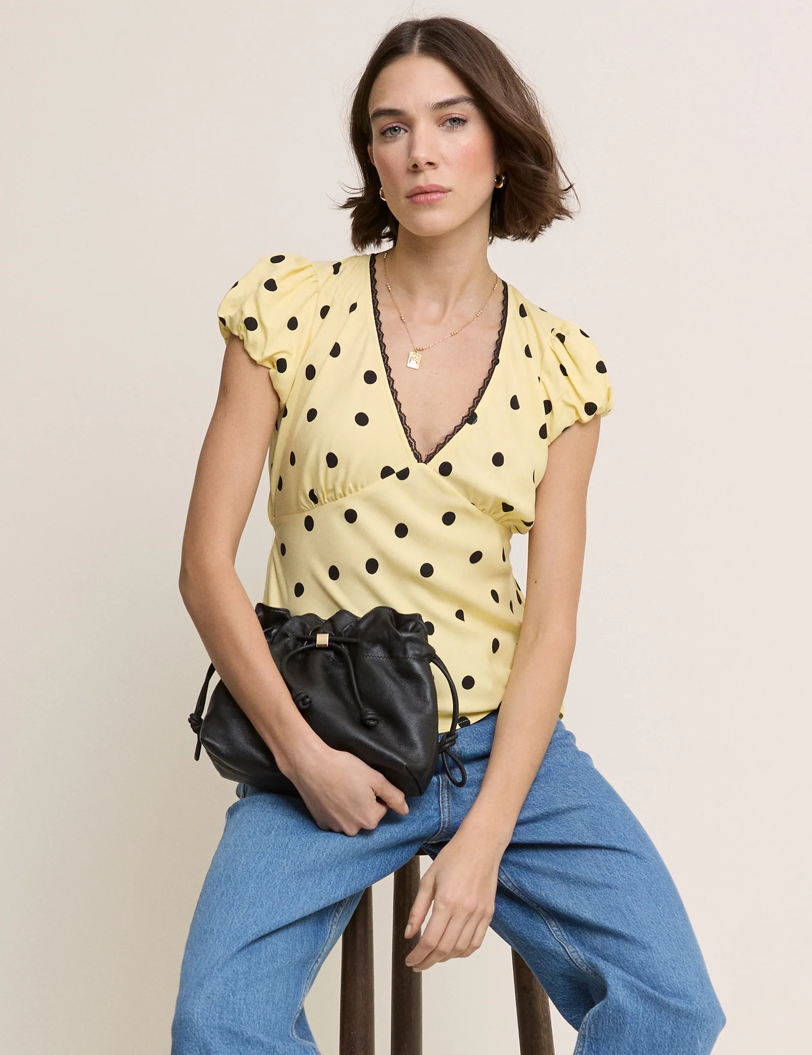 Yellow Polka Dot Lace Trim Top