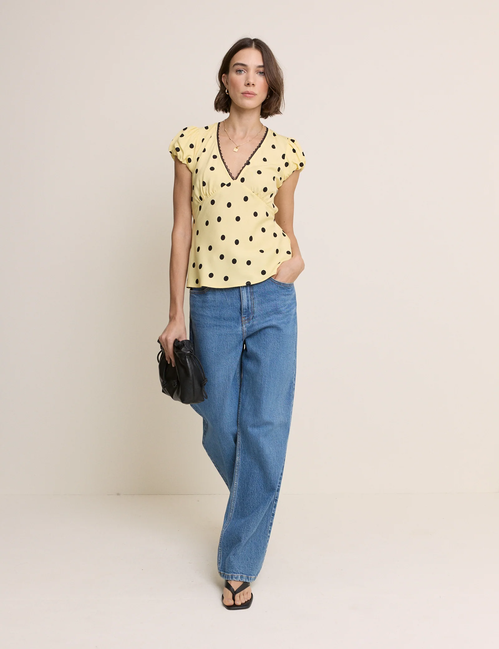 Yellow Polka Dot Lace Trim Top - Image 3