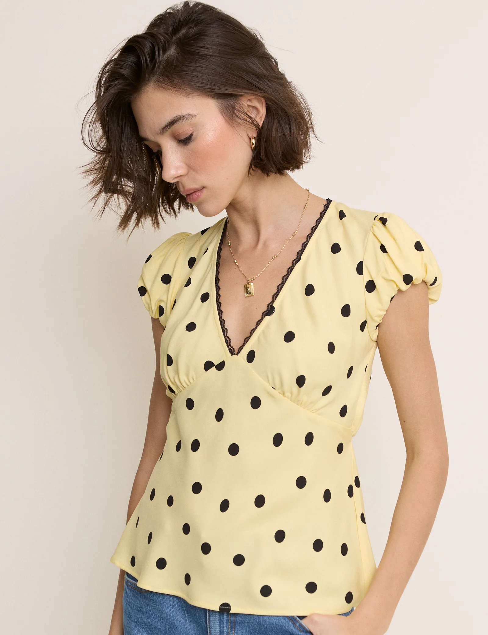Yellow Polka Dot Lace Trim Top - Image 4