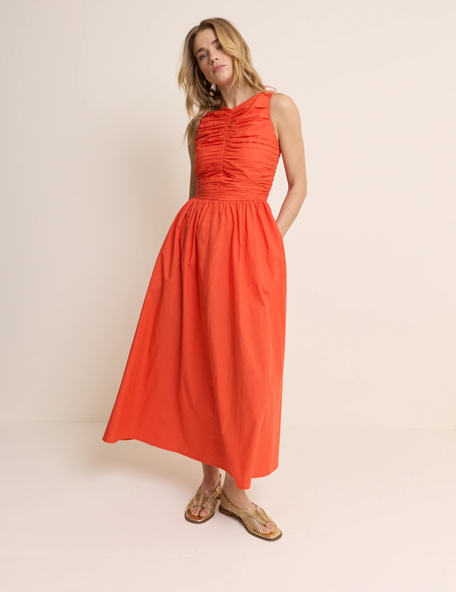 Orange Ruched Monica Midi Dress - Image 3