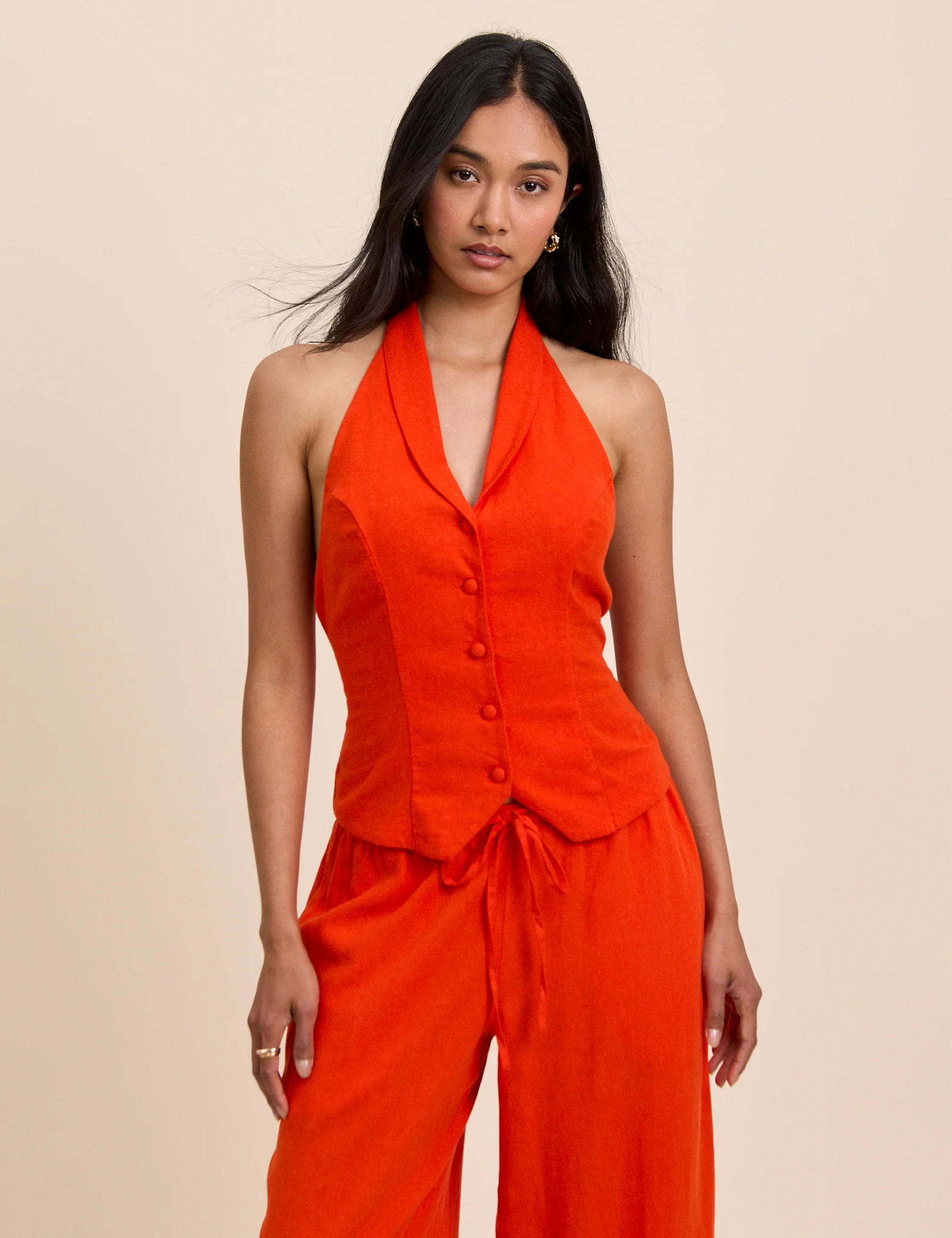 Orange Moss Linen-Blend Halterneck Waistcoat - Image 2