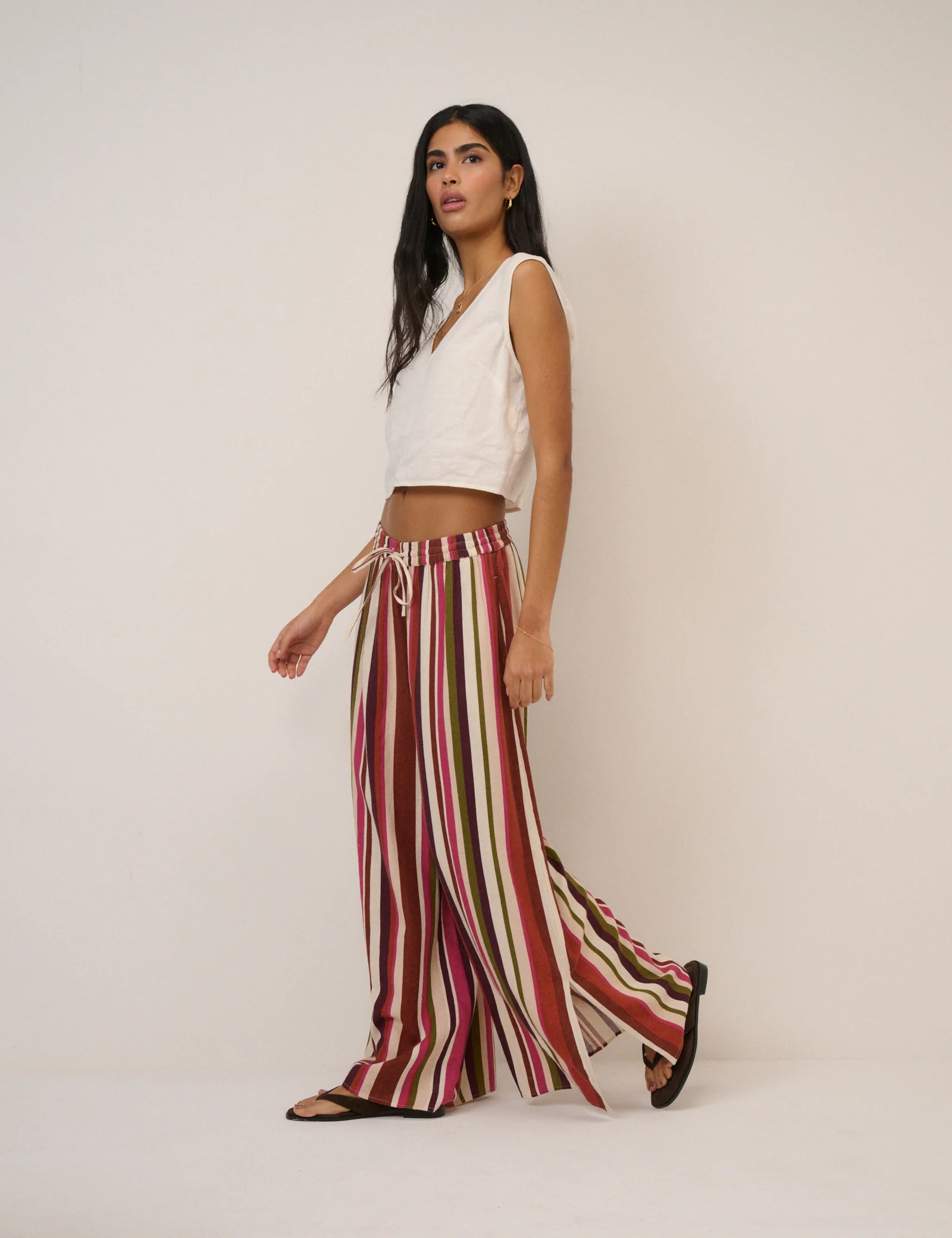 Multi-Coloured Striped Split Hem Wide Leg Trousers - Image 6